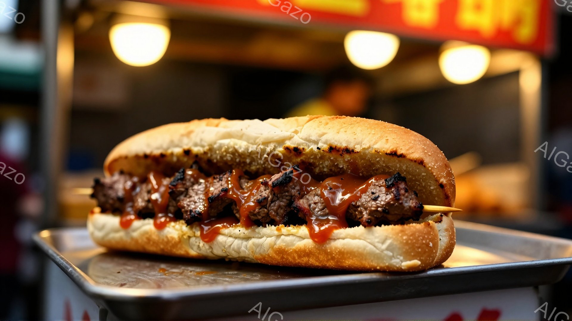 焼きあがった肉串が、ふわふわとしたパンに挟まれ、甘辛いソースがたっぷりとかけられています。銀色のトレイの上に置かれ、背景にはぼやけた光を放つ屋台が見え、活気のある屋台の雰囲気が伝わってきます。パンの表面には焼き色がつき、肉串とソースのコントラストが食欲をそそります。