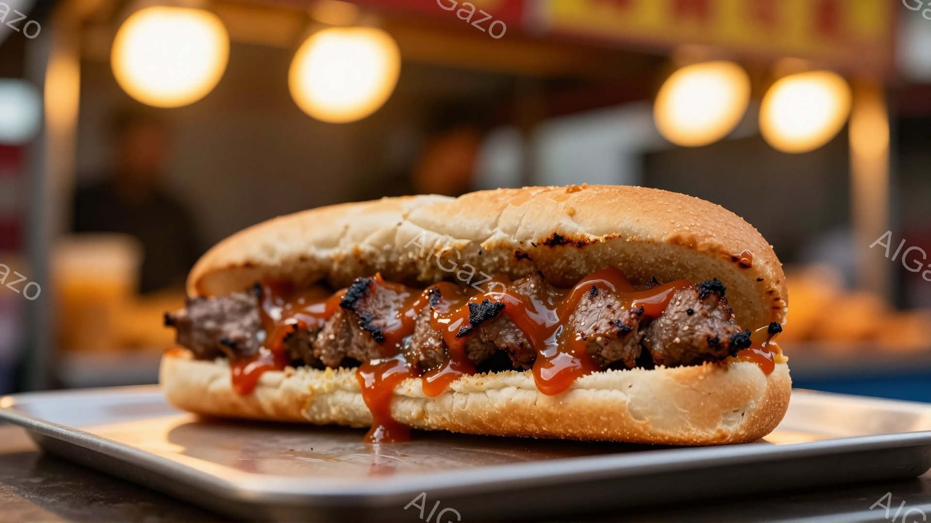 焼きたてのパンに、串焼き肉が挟まれたサンドイッチが、金属製のトレイに乗せられています。肉の上には照り辛そうな赤いソースがたっぷりとかけられており、美味しそうに見えます。背景にはぼやけた光と、何かの店の看板が見え、屋台のような賑やかな雰囲気が感じられます。