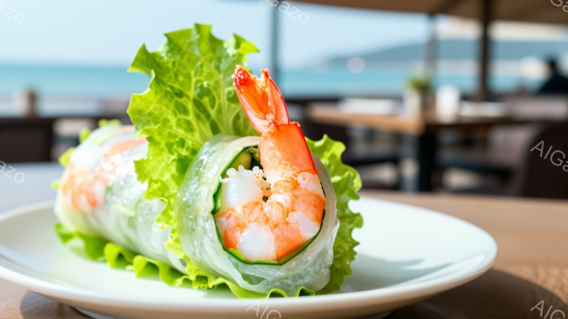 白い皿にエビと野菜を巻いた、ベトナムの生春巻きが盛り付けられています。鮮やかなエビの赤色が、緑色のレタスや透明なライスペーパーとのコントラストで際立っています。背景にはぼやけた海とテーブル、椅子が見え - AI生成フリー素材