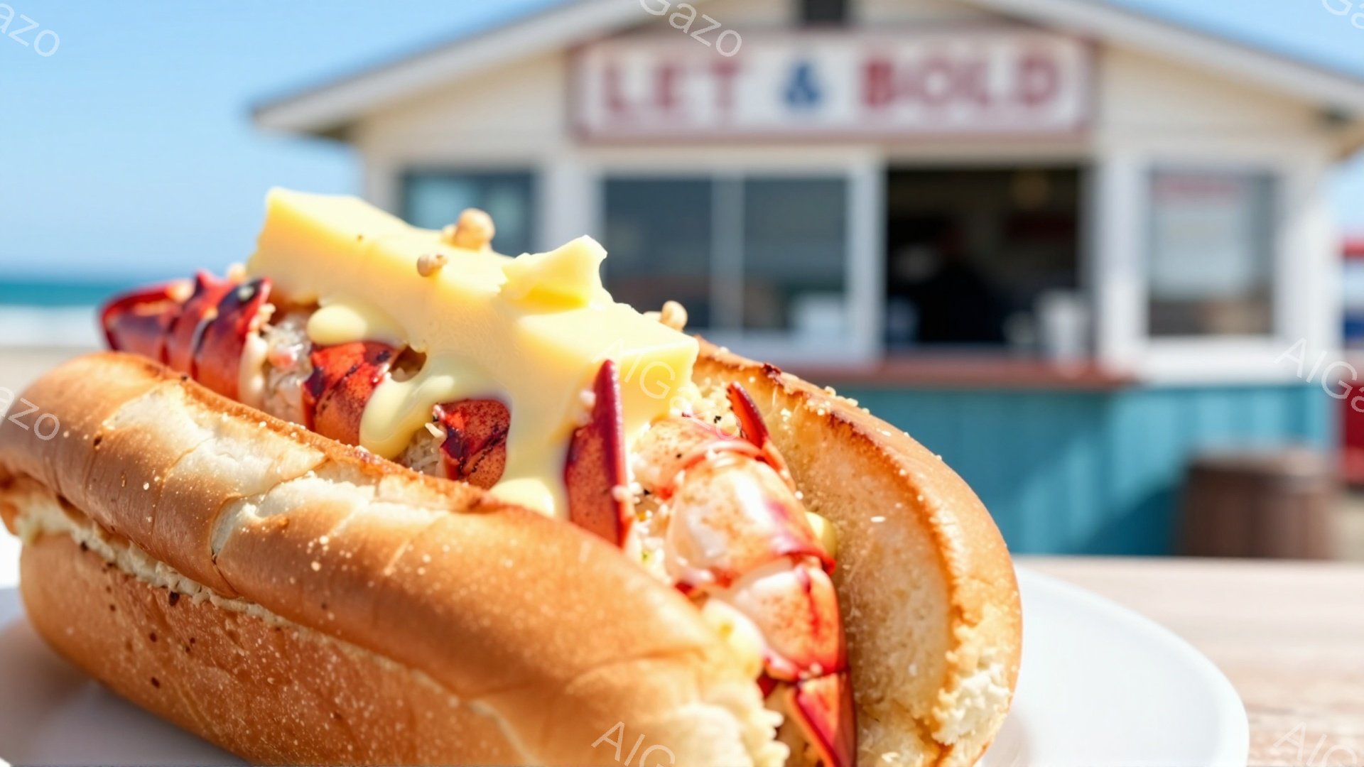 ホットドッグのようなパンに、たっぷりのロブスター肉と溶けたバターが乗っています。背景には、青い建物と明るい青空、そして穏やかな海が見え、晴れた日の海岸の雰囲気を感じさせます。鮮やかな色彩と美味しそうな料理が、食欲をそそる一枚です。