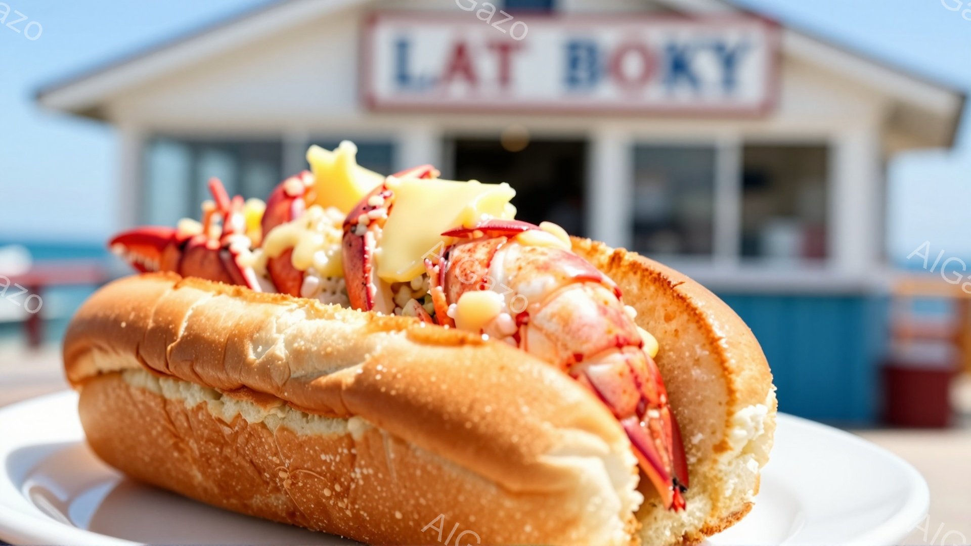 ホットドッグのようなパンに、たっぷりのロブスター肉と、溶けたバターソースが挟まれています。背景には、青い外観の建物と、かすかに海と空が見え、晴れた日の屋外の様子が伺えます。全体的に、新鮮なシーフードと夏のカジュアルな雰囲気を醸し出しています。