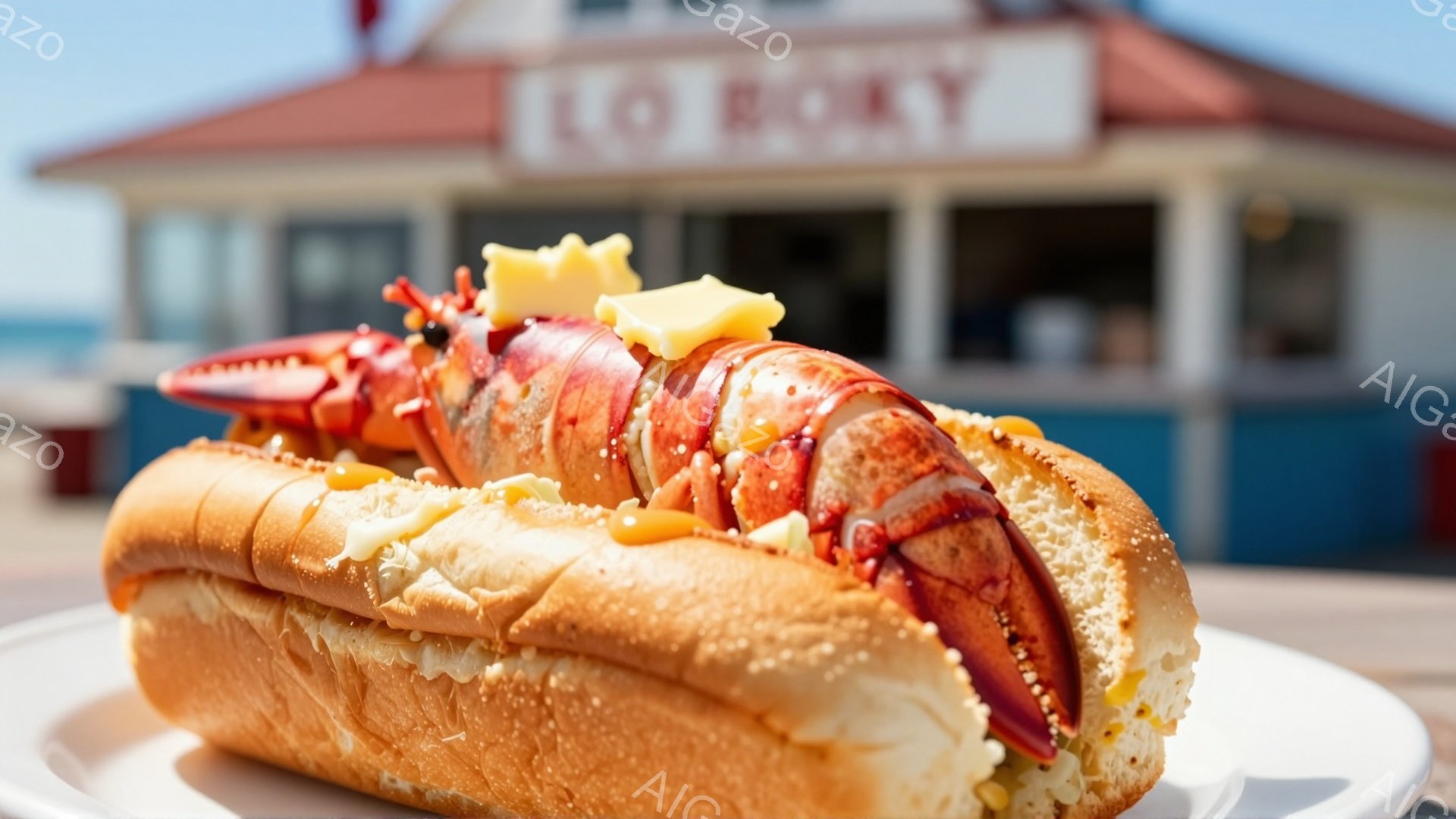 ホットドッグのようなパンに、たっぷりのロブスター肉が挟まれたサンドイッチが、白い皿の上に置かれています。ロブスターは鮮やかな赤色で、パンからはみ出し、その上には溶けたバターが乗っています。背景には、青と白のストライプが特徴的な建物と、穏やかな海が見え、晴れた日の賑やかな食事が連想されます。