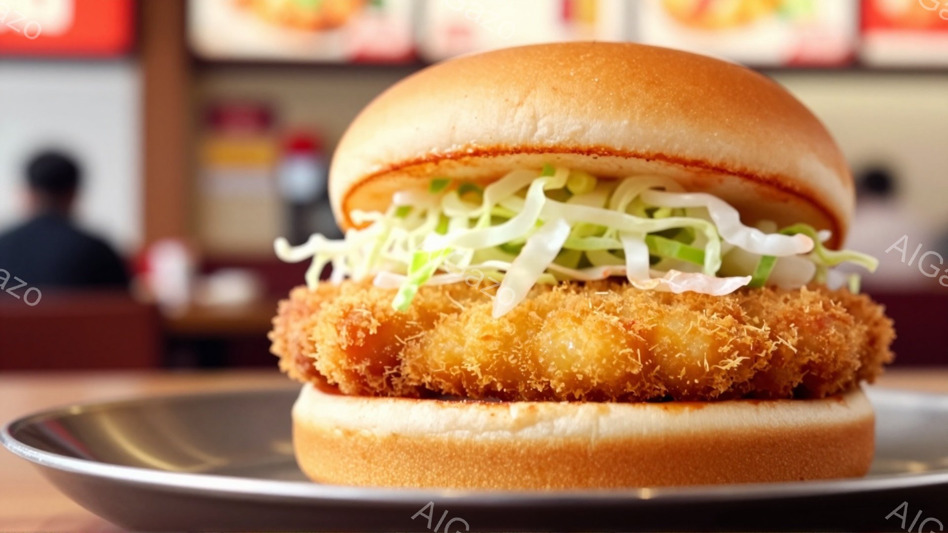黄金色に揚げられた大きなチキンカツが、ふわふわのパンに挟まれたサンドイッチが中央に配置されている。背景には、ぼやけたレストランのカウンターと、わずかに見える人物のシルエットが見え、暖かくカジュアルな雰 - AI生成フリー素材