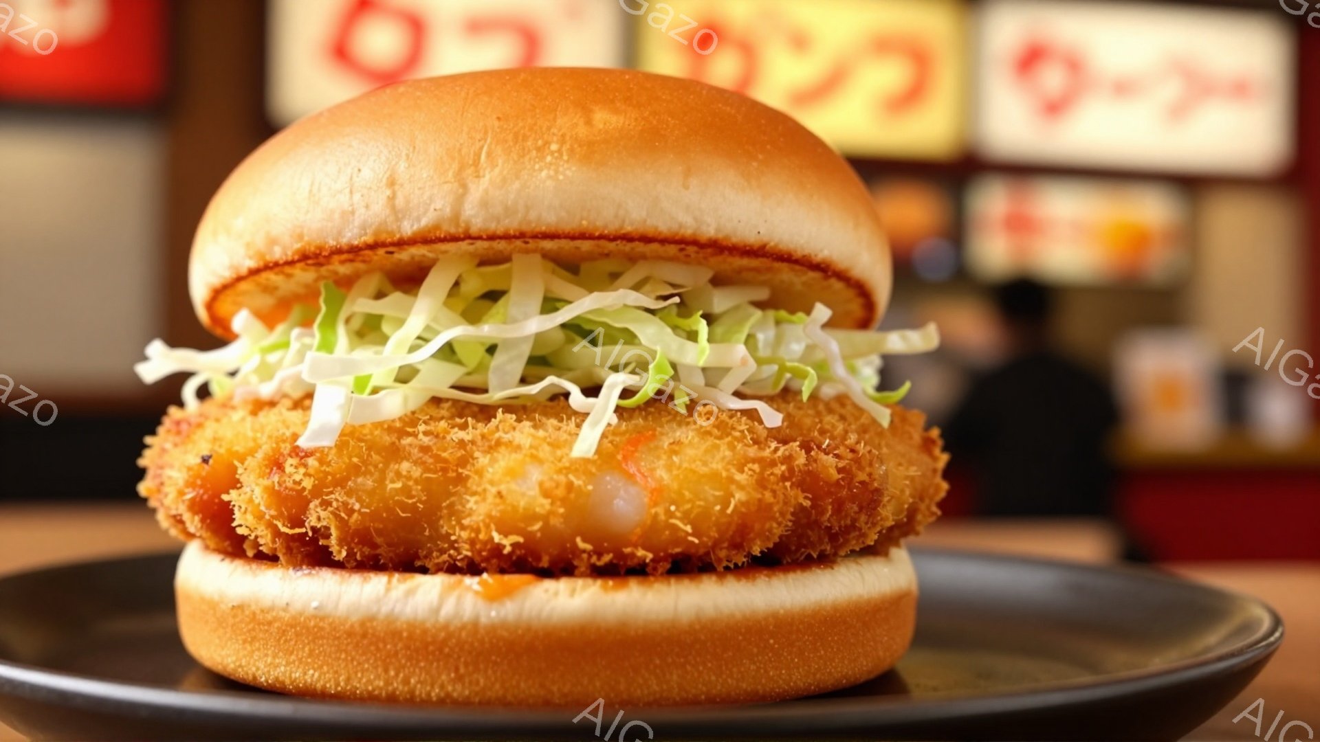 画像は、エビカツバーガーが盛り付けられた黒い皿を捉えています。バーガーは、揚げたエビカツ、レタス、ソースが挟まったふっくらとしたバンズで構成されています。背景にはぼやけたレストランの様子が見え、暖かく明るい雰囲気を醸し出しています。