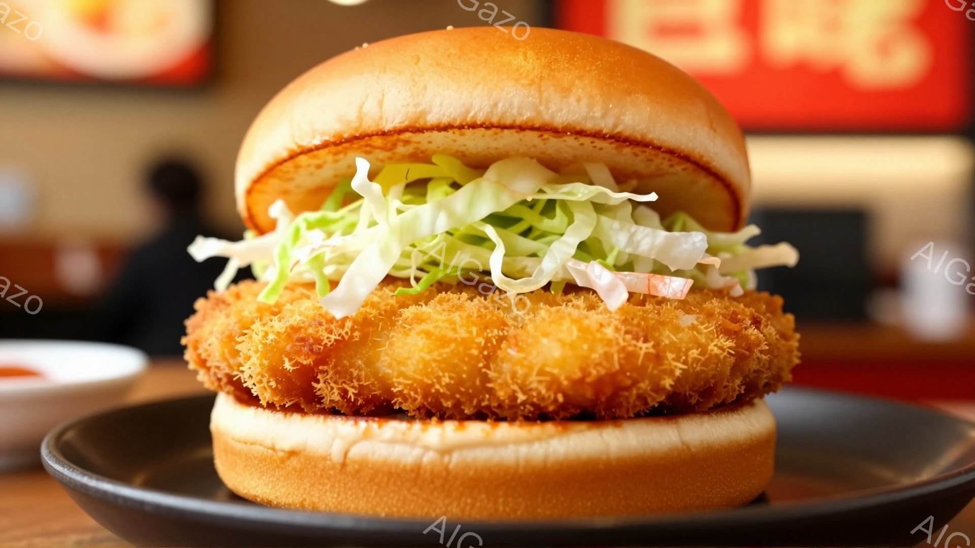 画面には、パンに挟まれた大きなフライドチキンバーガーが写っています。レタスがたっぷり乗っており、外側のパンはふっくらと焼き上がっています。背景はぼやけていますが、食卓の一部と赤い看板が見え、カジュアルなレストランのような雰囲気です。