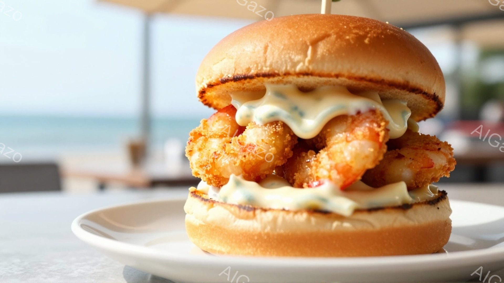 白い皿の上に、大きなエビバーガーが置かれています。カリカリに揚げられたエビはバンズからはみ出し、特製の白いソースがたっぷりとかけられています。背景には穏やかな海と、ぼやけたパラソルが見え、リゾート地での食事を思わせる爽やかな雰囲気です。