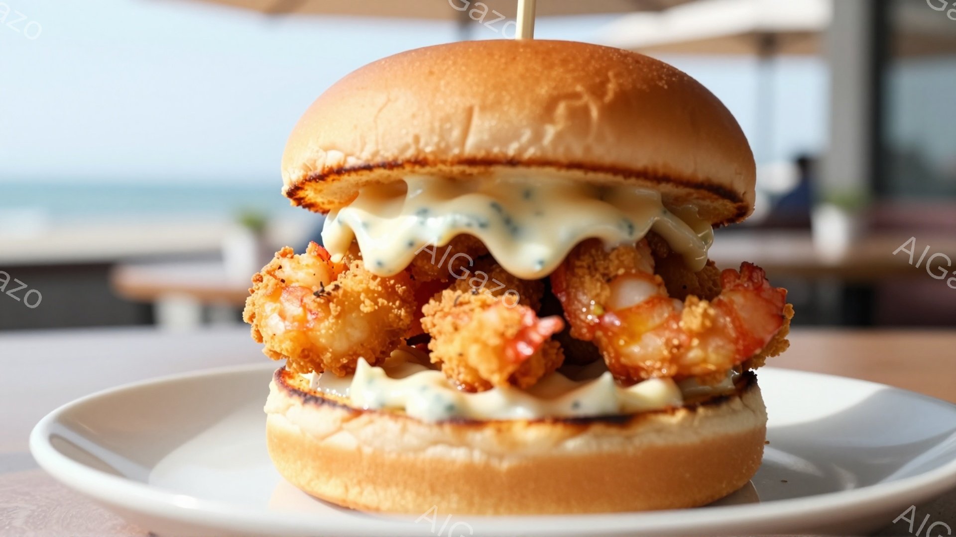 白い皿の上に、揚げたエビを使ったハンバーガーが置かれています。ハンバーガーは、ふっくらとしたバンズで挟まれ、エビの上に白いソースがかけられています。背景には、青い海と明るい空が見え、晴れた日の屋外での食事の雰囲気が漂っています。