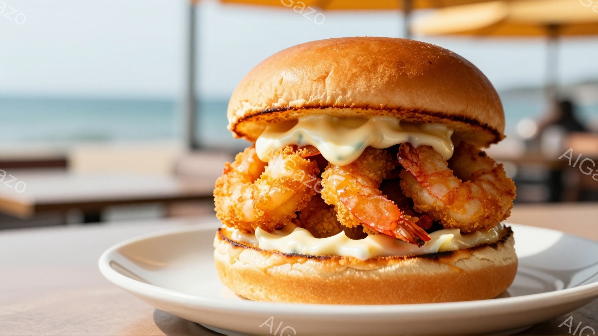 揚げたエビがたっぷり挟まれたハンバーガーが、白い皿に乗せられています。背景には、ぼやけたビーチとパラソルが見え、晴れた日の屋外のレストランのようでした。全体的に明るく、食欲をそそる雰囲気です。