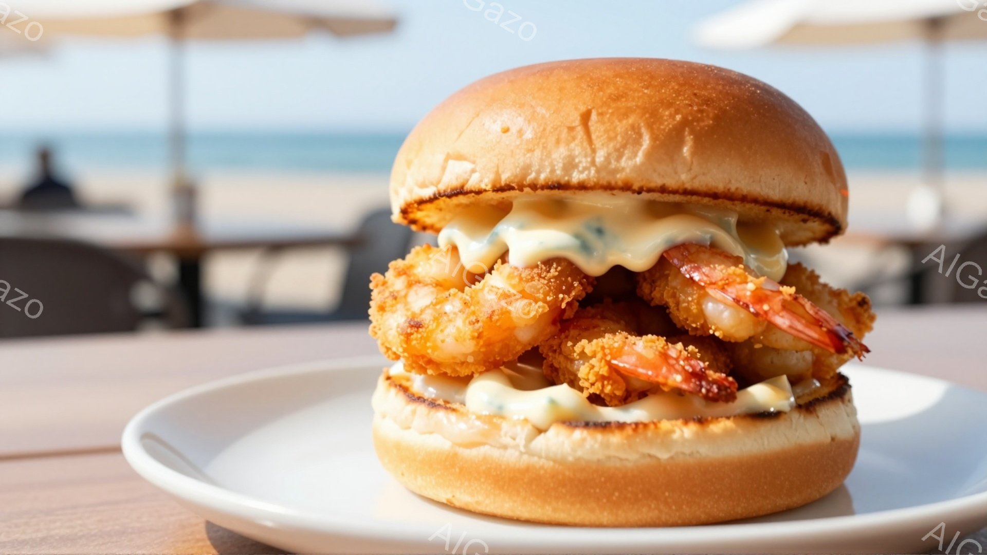 海に面したウッドデッキのテーブルに、大きなエビバーガーが置かれています。バンズはふっくらとしており、揚げたエビカツがたっぷりと挟まっていて、特製のソースが滴り落ちています。背景には青い海と空、そしてパラソルが並び、明るく爽やかな夏の雰囲気を感じさせます。