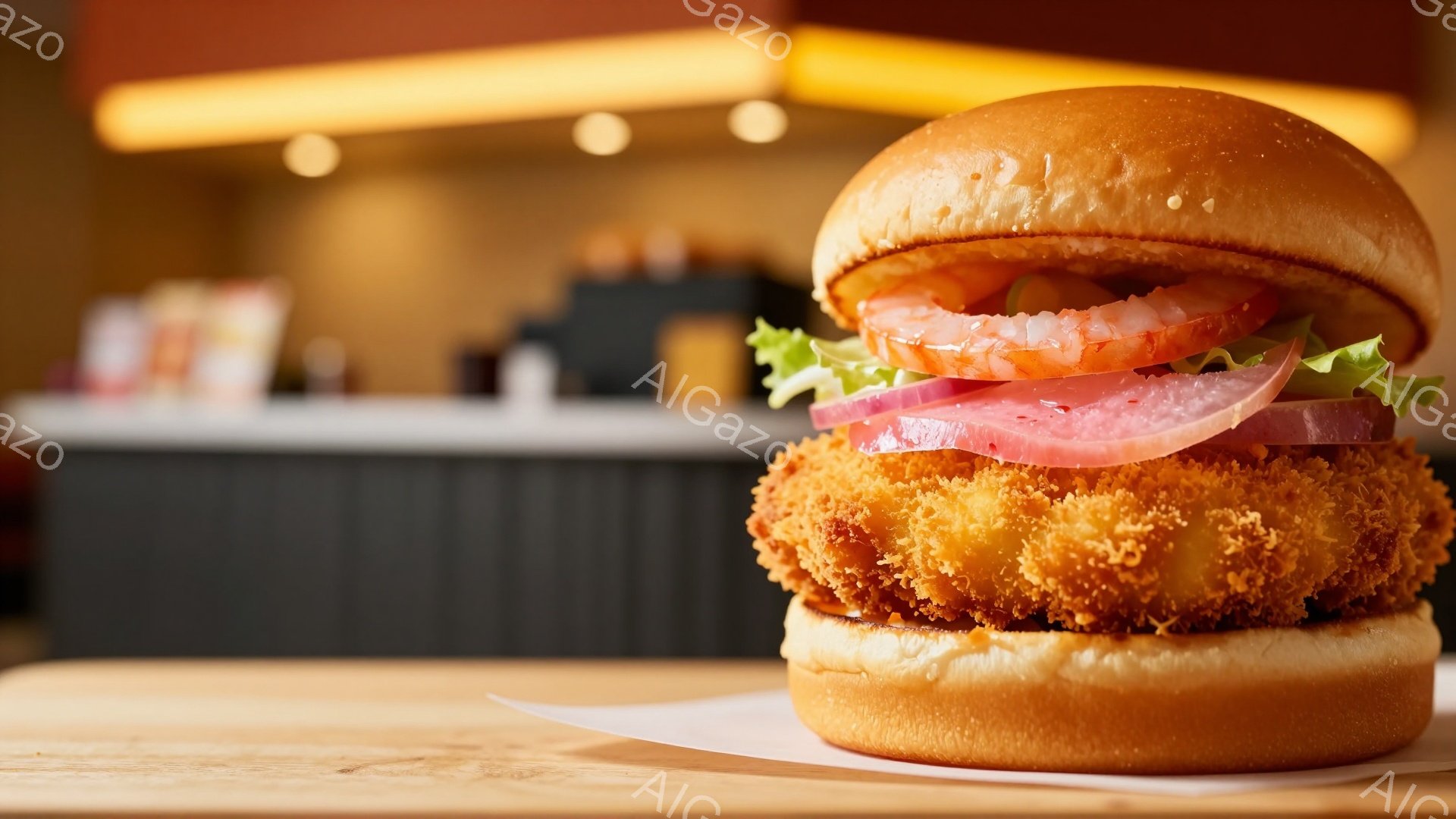 鮮やかなオレンジ色のバンズに挟まれた、大きなフライドチキンバーガーが木製のテーブルの上に置かれている。レタス、トマト、そしてピンク色のハムが挟まっており、美味しそうな見た目をしている。背景はぼかされており、カウンターと照明が見え、バーガーに焦点が当たっている。