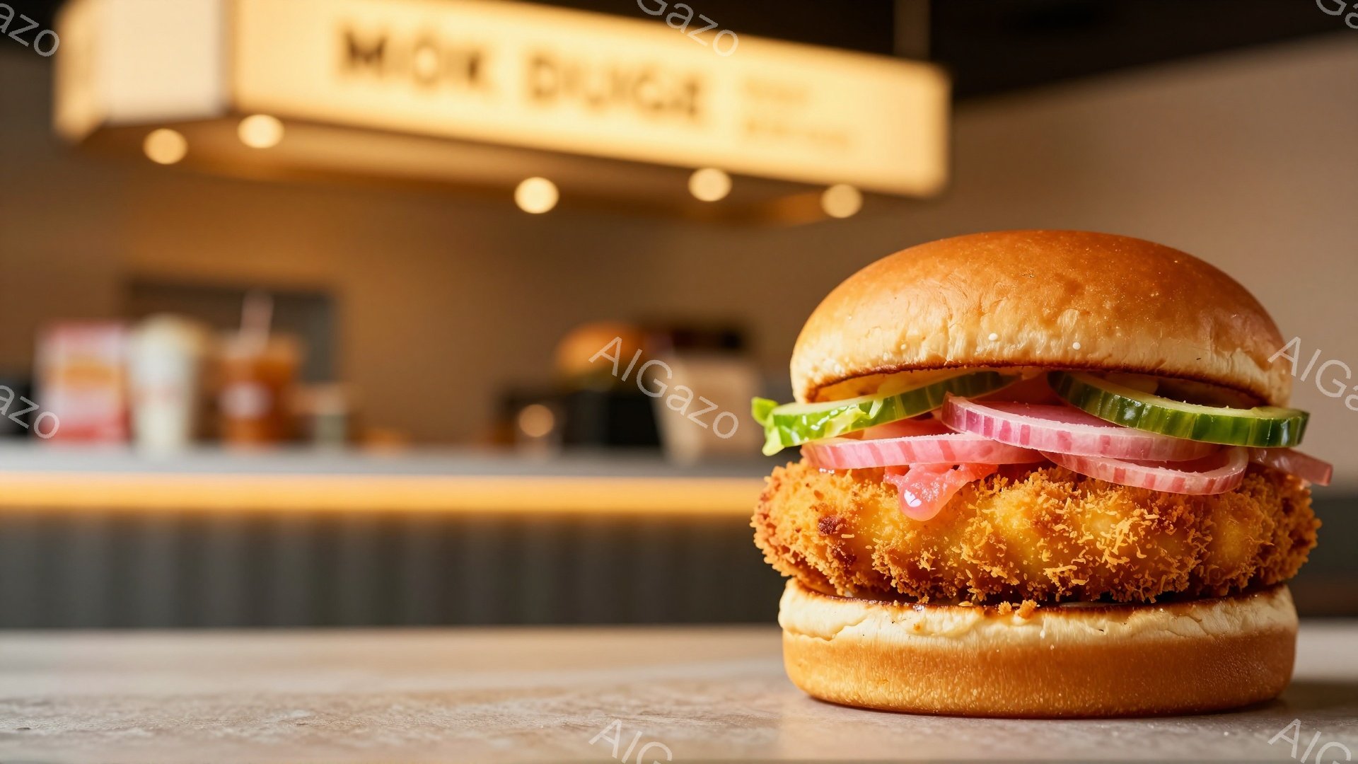 黄金色に揚げられたチキンカツが挟まれたハンバーガーが、木目調のテーブルの上に置かれている。ピンク色のピクルスと緑色のキュウリが鮮やかなコントラストを生み出し、背景にはぼんやりと店内の様子と「MOKU」と書かれた看板が見える。全体的に暖色系の照明で照らされ、食欲をそそる雰囲気が漂っている。