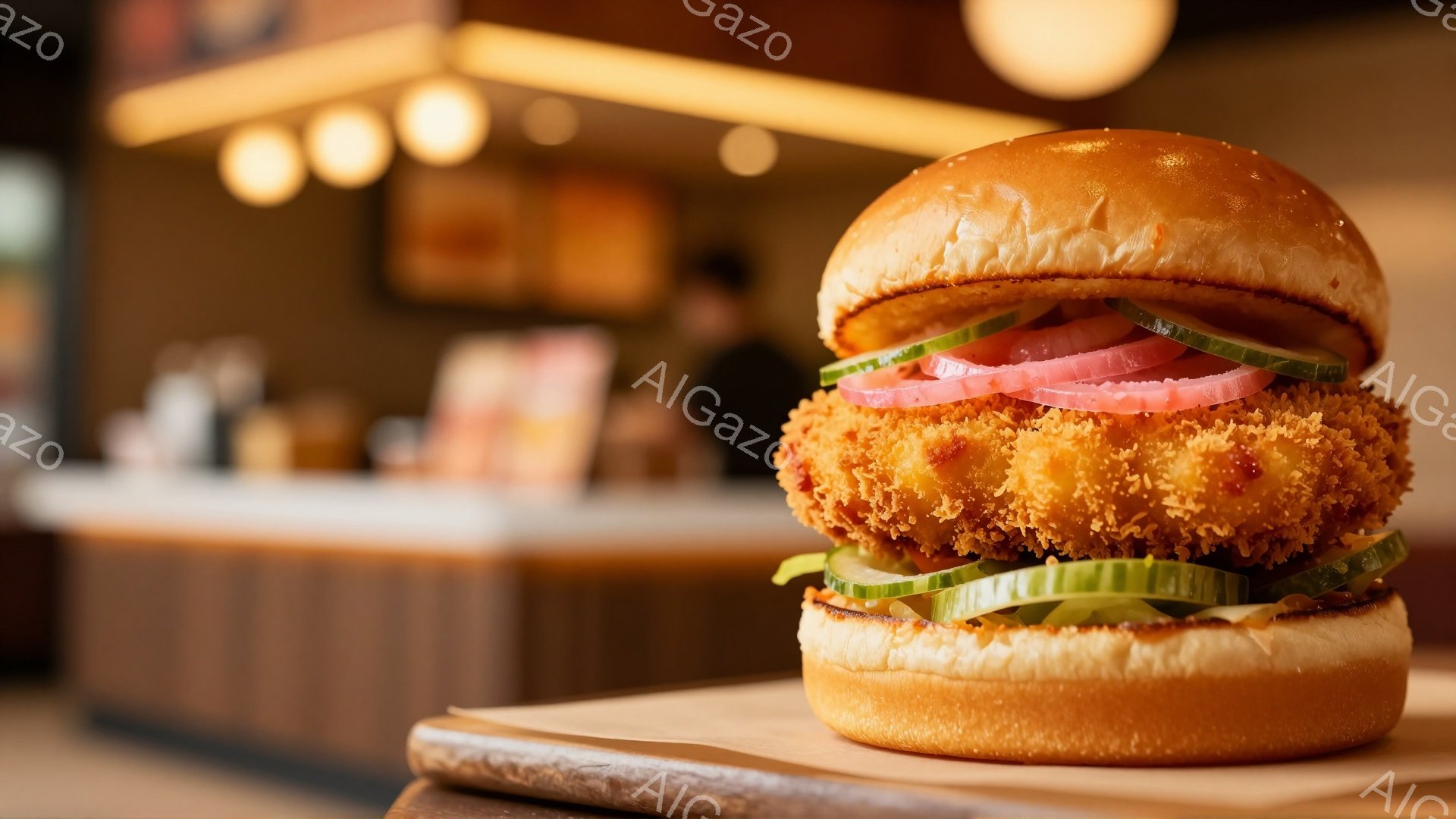 黄金色に揚げられた大きなチキンフィレが挟まれたハンバーガーが、木製のプレートの上に置かれています。ピンク色のピクルスと緑色のレタスが彩りを添え、下と上のパンはふっくらとしており、食欲をそそります。背景はぼやけており、カウンターと光がぼんやりと見え、温かく落ち着いた雰囲気です。