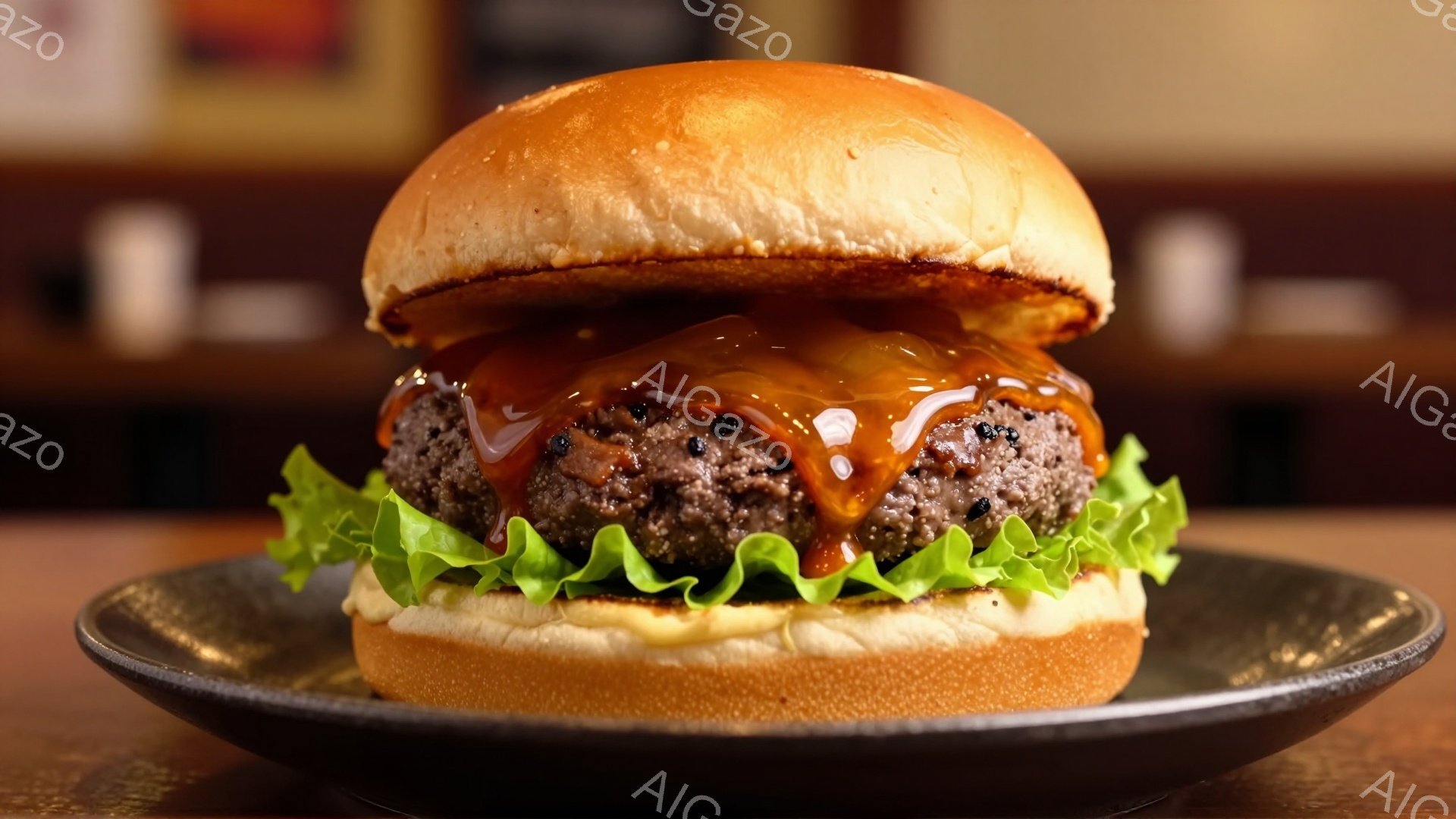 焼き立てのハンバーガーが、黒い皿の上に置かれている。肉厚のパティからとろりとソースが流れ落ち、鮮やかなレタスと、ふっくらとしたバンズが食欲をそそる。背景はぼやけており、温かみのある光がハンバーガーを照らし出している。
