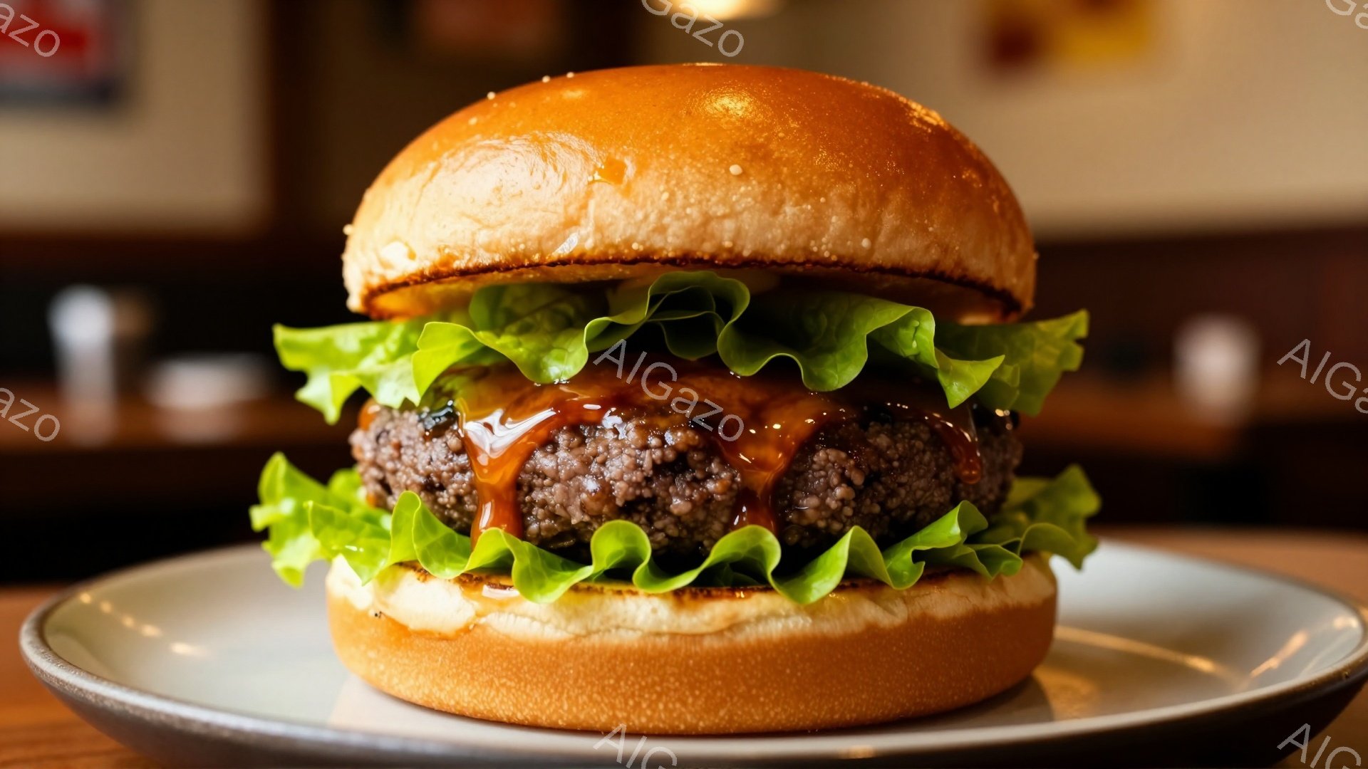 鮮やかな緑色のレタスが挟まれたハンバーガーが、白い皿に乗せられ、木製のテーブルに置かれています。ハンバーガーのパティからは照り照りのソースが流れ出し、パンはこんがりと焼けており食欲をそそります。背景は少しぼやけていますが、レストランやカフェのような、落ち着いた雰囲気の室内であることがわかります。