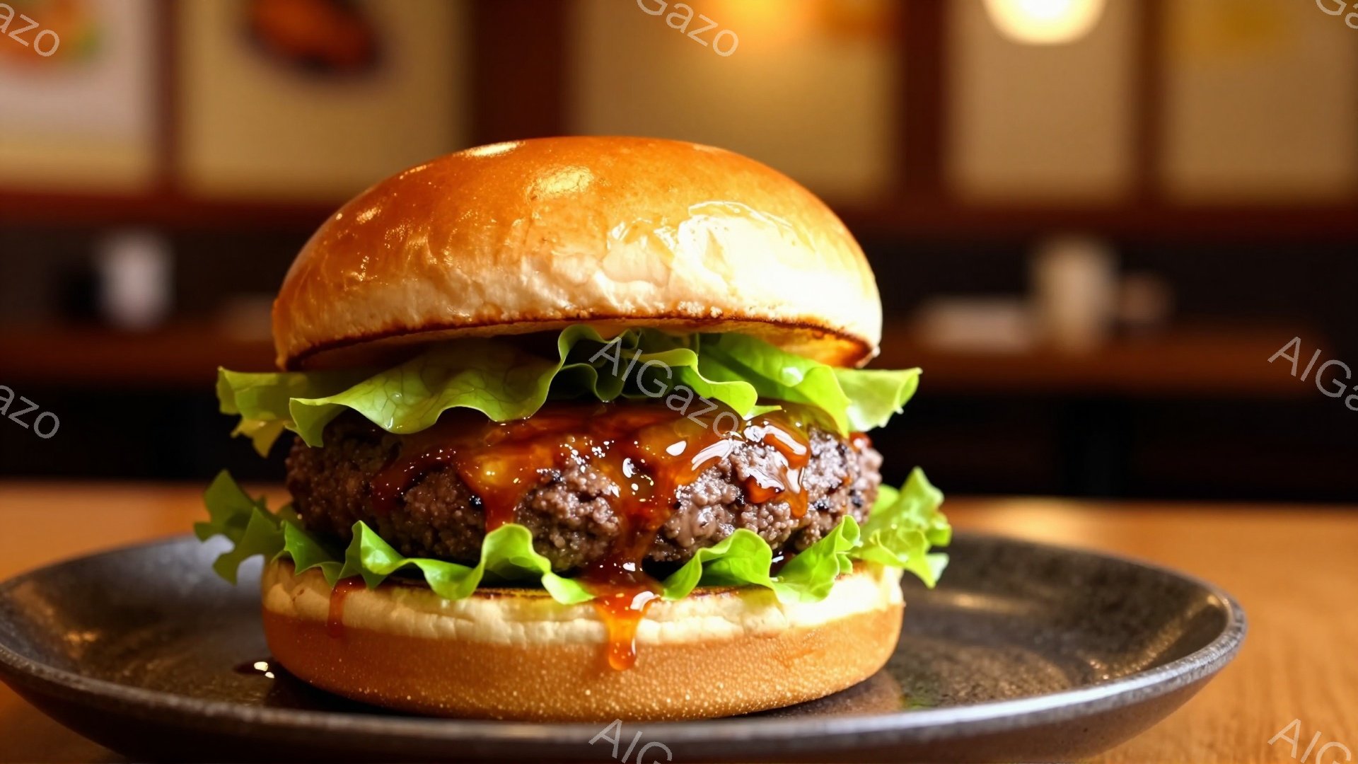 陶器のような灰色の皿に、ソースが滴るハンバーガーが置かれています。ハンバーガーは、バンズ、レタス、ソースで覆われたパティで構成されており、美味しそうです。背景にはぼやけた照明と、木製のテーブルの一部が - AI生成フリー素材