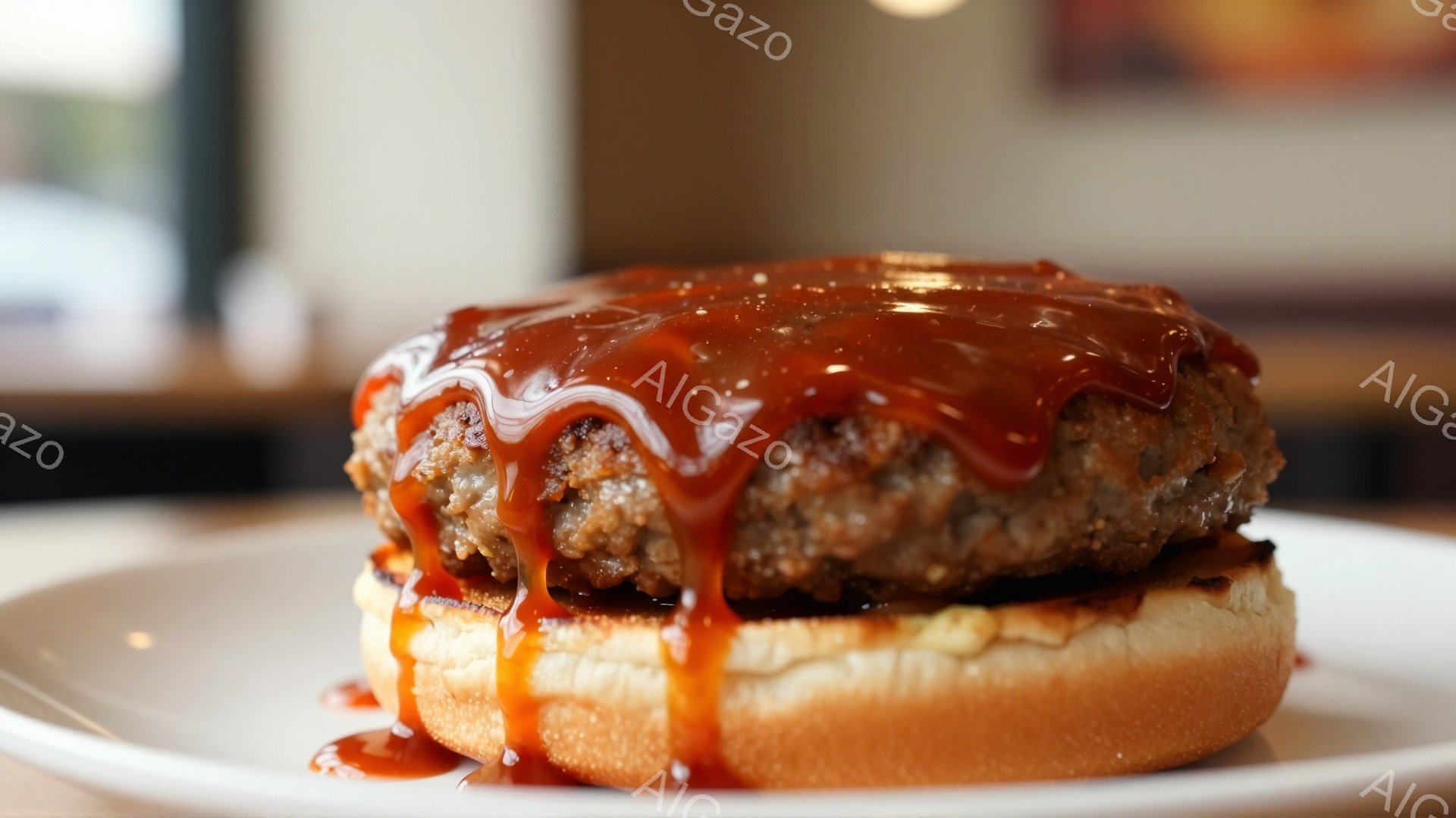 白い皿の上に、ソースがたっぷりとかかったハンバーグが載っています。ハンバーグは茶色で、表面に細かい焼き目がついており、ソースは赤茶色で、側面から流れ落ちています。背景は少しぼやけていますが、暖色系の壁 - AI生成フリー素材