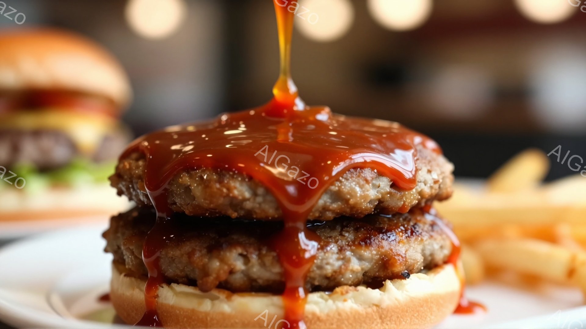 白い皿の上に、ソースがたっぷりとかかったハンバーグが二段重ねで盛られています。ハンバーグは肉々しく、表面に焦げ目がついており、底にはパンらしきものが敷かれています。背景には、他のハンバーグやフライドポテトが見え、全体的に食欲をそそる暖かい雰囲気です。