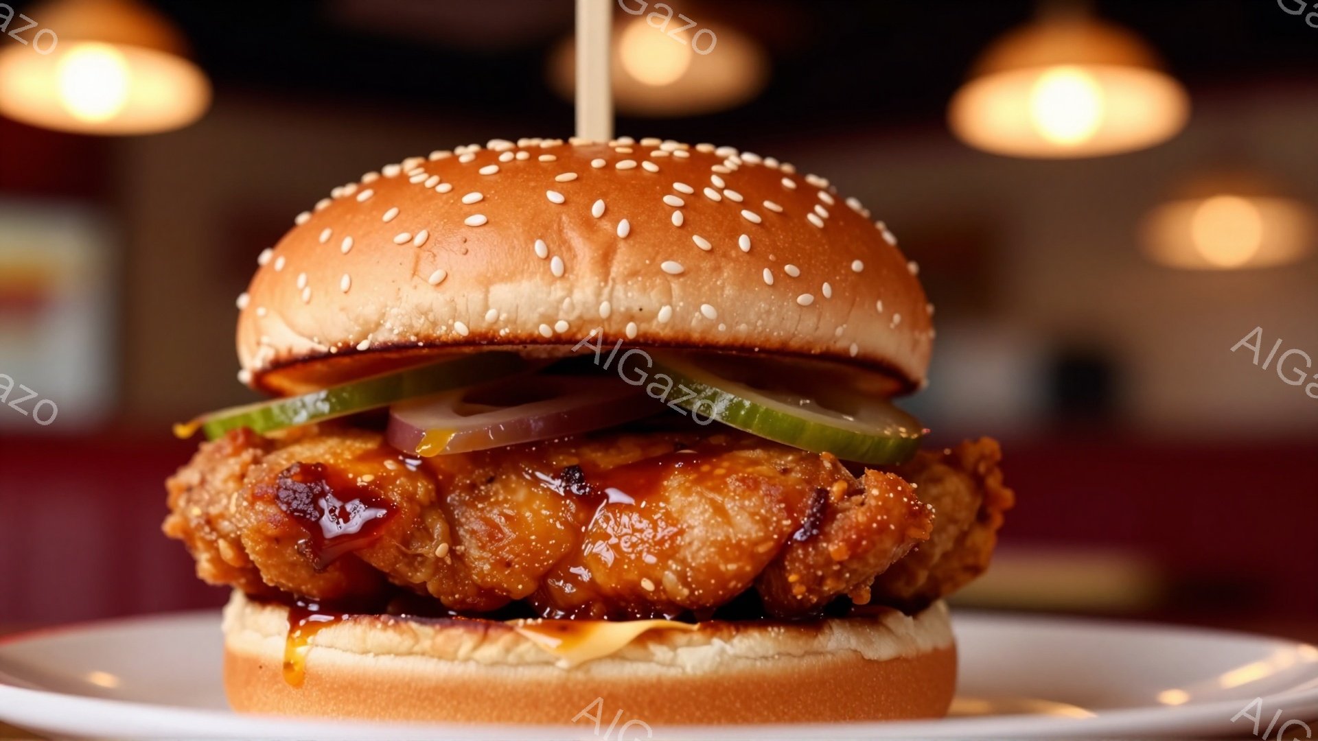 鮮やかな赤色のソースがかかった、大きなチキンバーガーが白い皿の上に置かれています。パンにはゴマが散りばめられ、レタス、トマト、ピクルスが挟んであり、チーズがパンに溶け込んでいます。背景はぼかされており - AI生成フリー素材