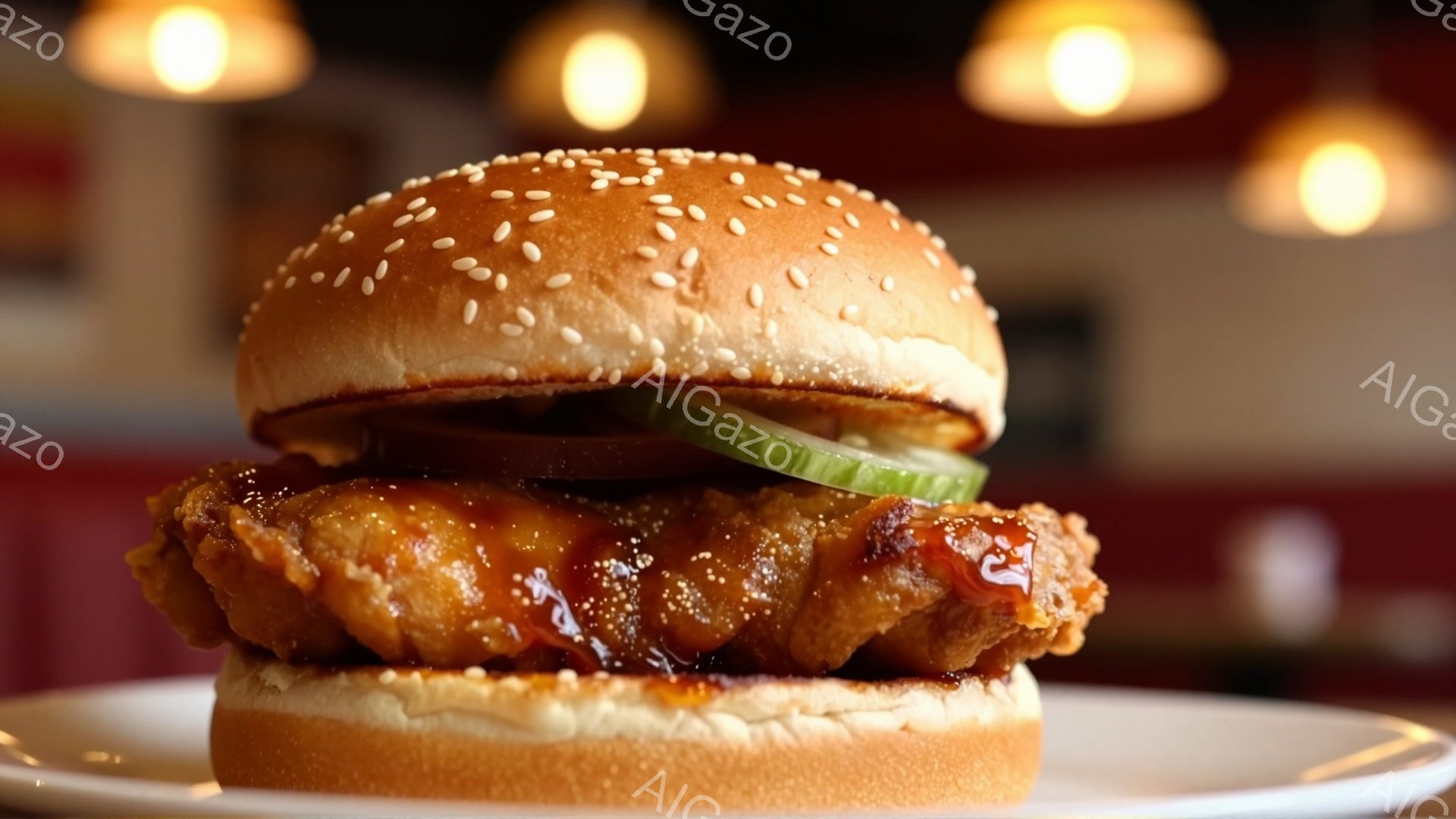 白いゴマが散りばめられたパンで挟まれた、照り照りのチキンバーガーが白い皿に載っている。ピカピカのチキンにトマトとキュウリが挟まっており、おいしそうな見た目を際立たせている。背景は赤色のシートとぼんやりとした光で、落ち着いたレストランのような雰囲気である。