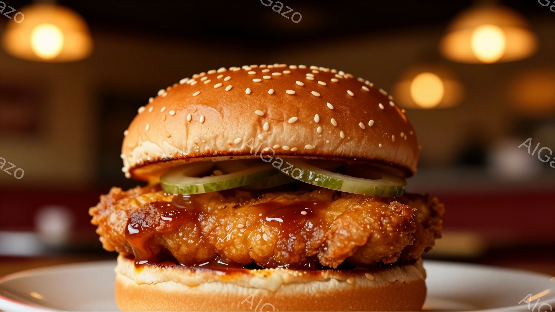 焼きあがったチキンバーガーが白い皿の上に置かれています。香ばしいバンズにはゴマが散りばめられ、中には照りとしたチキン、キュウリの薄切り、そしてソースが見えます。背景はぼかされており、暖色系の照明がバーガーを照らし出し、食欲をそそる雰囲気を醸し出しています。