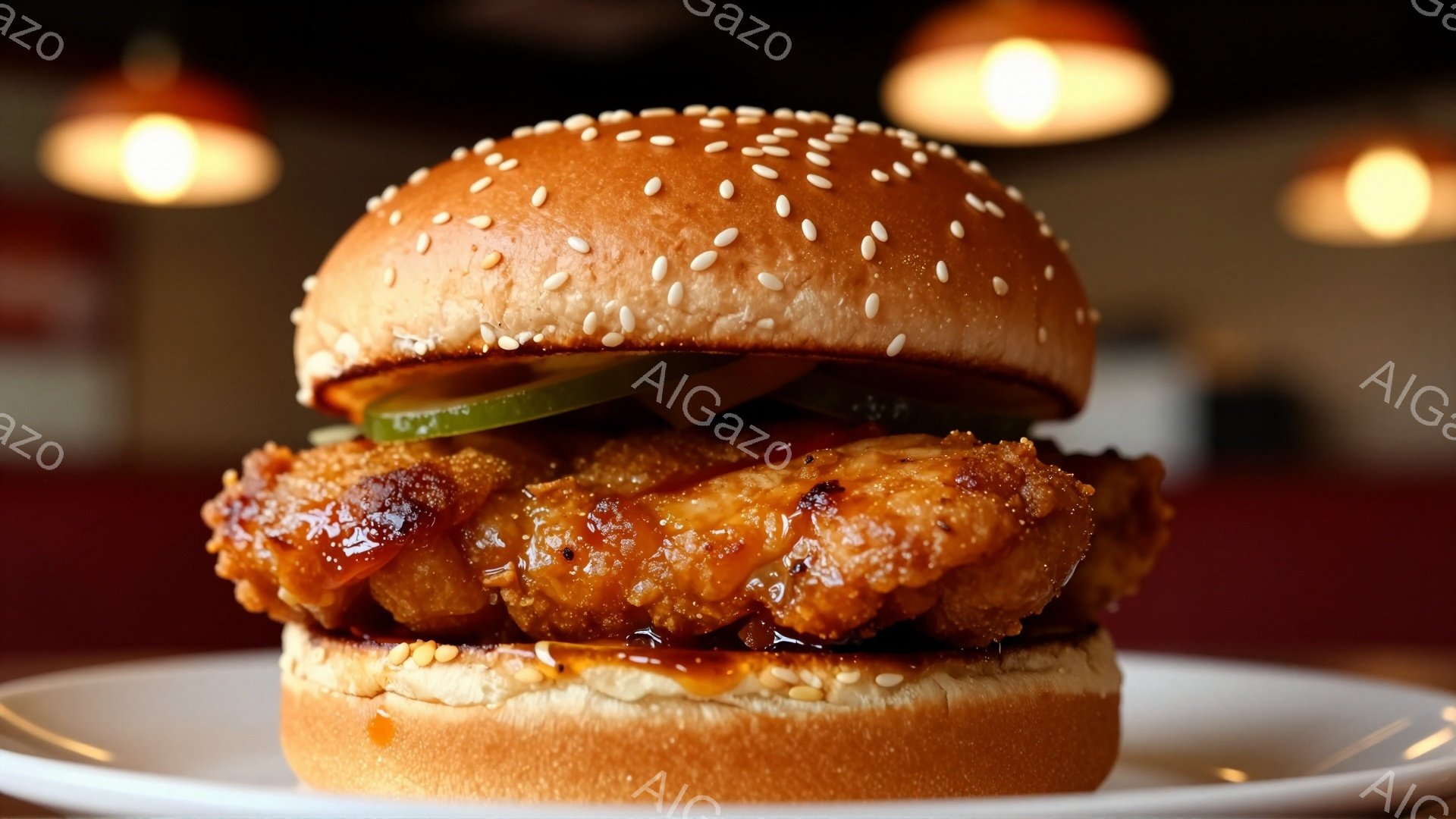 鮮やかな赤い背景に、大きなチキンバーガーが白い皿に乗せられています。バーガーはゴマが散りばめられたパンで挟まれ、中にはカリカリに見える鶏肉、ソース、そしてピクルスが挟まれています。全体的に温かく食欲をそそる雰囲気で、照明はバーガーに焦点を当てています。