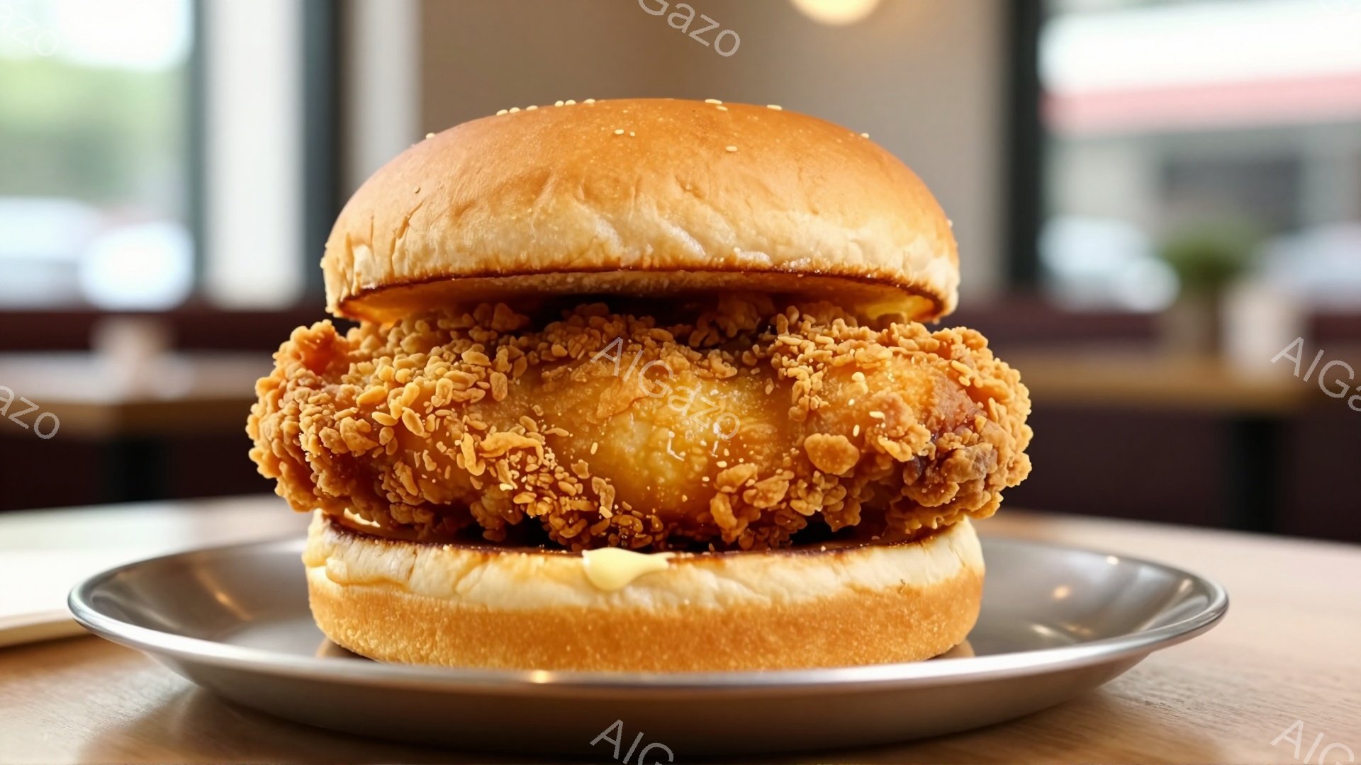 黄金色に輝くバンズに挟まれた、大きなフライドチキンサンドイッチが皿の上に鎮座しています。チキンは衣がカリカリとしていて、中から少しだけソースが見えています。背景にはぼやけたカフェのような空間が広がり、 - AI生成フリー素材