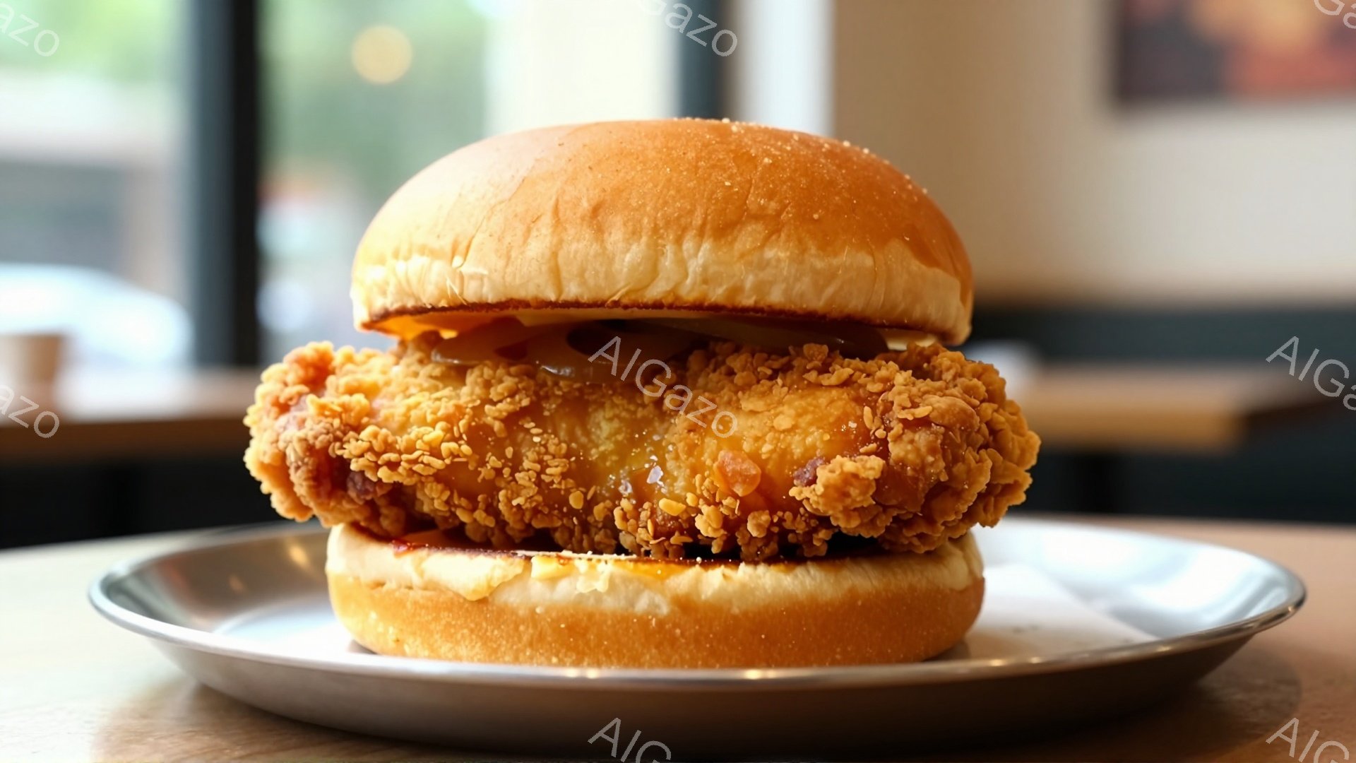 画像は、金属製の皿に置かれた大きなチキンバーガーを示しています。黄金色に揚げられた鶏肉はふっくらとしており、パンに挟まれており、赤いソースが垂れています。背景はぼやけており、木のテーブルとレストランのような雰囲気の室内がうかがえます。