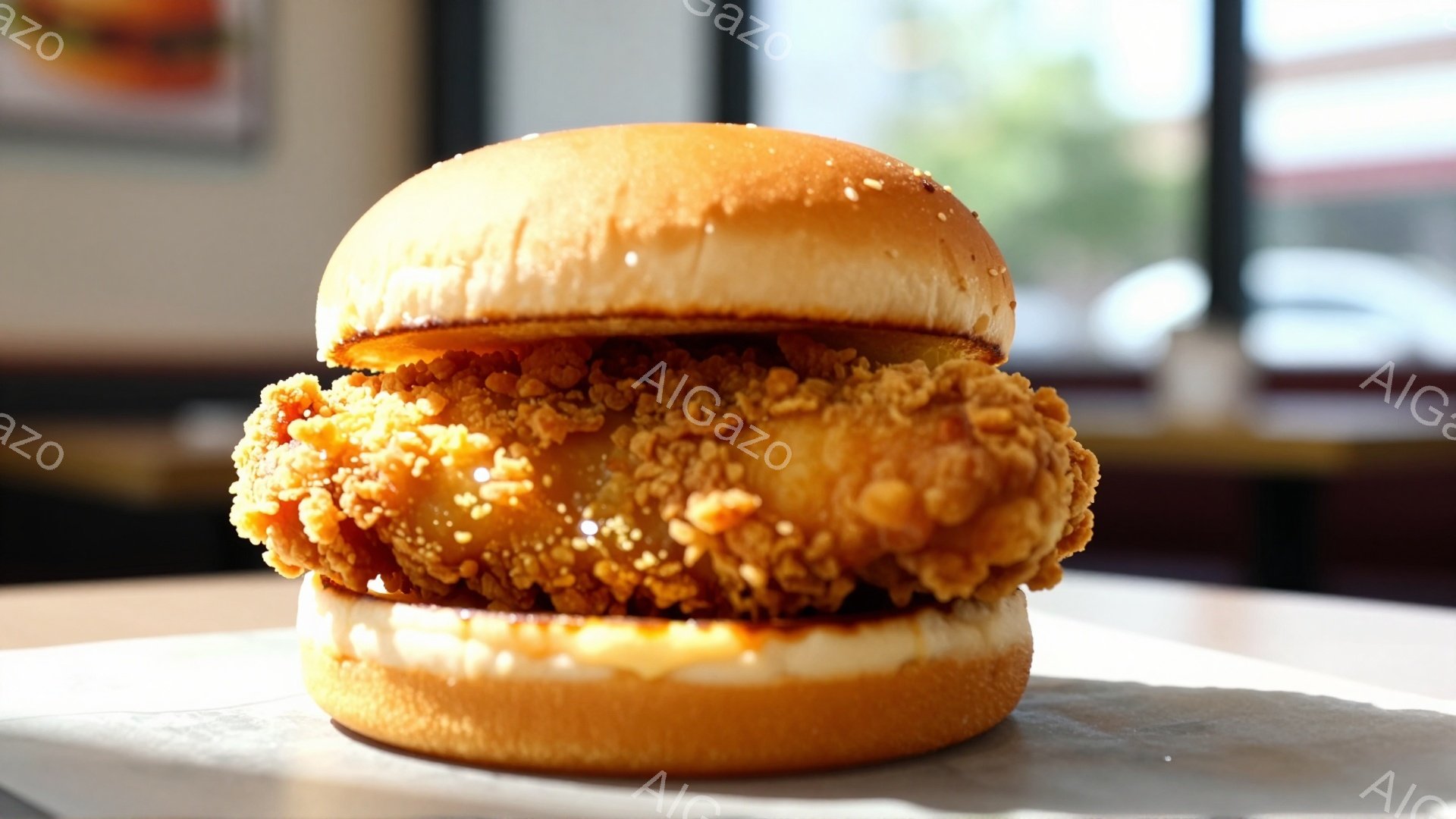 黄金色のパンに挟まれた大きなフライドチキンが中央に配置されている。背景にはぼやけたレストランの内部が見え、明るい光が差し込んでいる。全体的に食欲をそそる、温かみのある雰囲気である。 - AI生成フリー素材