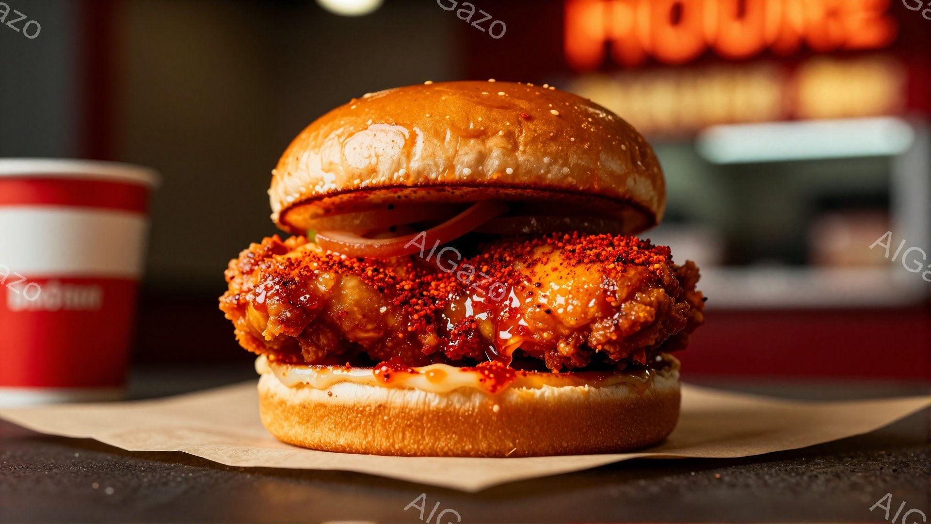 鮮やかな赤色の背景と茶色の焼き紙の上には、大きなチキンバーガーが置かれています。バーガーは、こんがりと焼けたバンズ、赤いソースで覆われたフライドチキン、そして赤い玉ねぎのスライスが挟まっており、非常に食欲をそそる外観です。背景には、ぼやけたカウンターとロゴが見え、ファストフード店のような雰囲気を感じさせます。