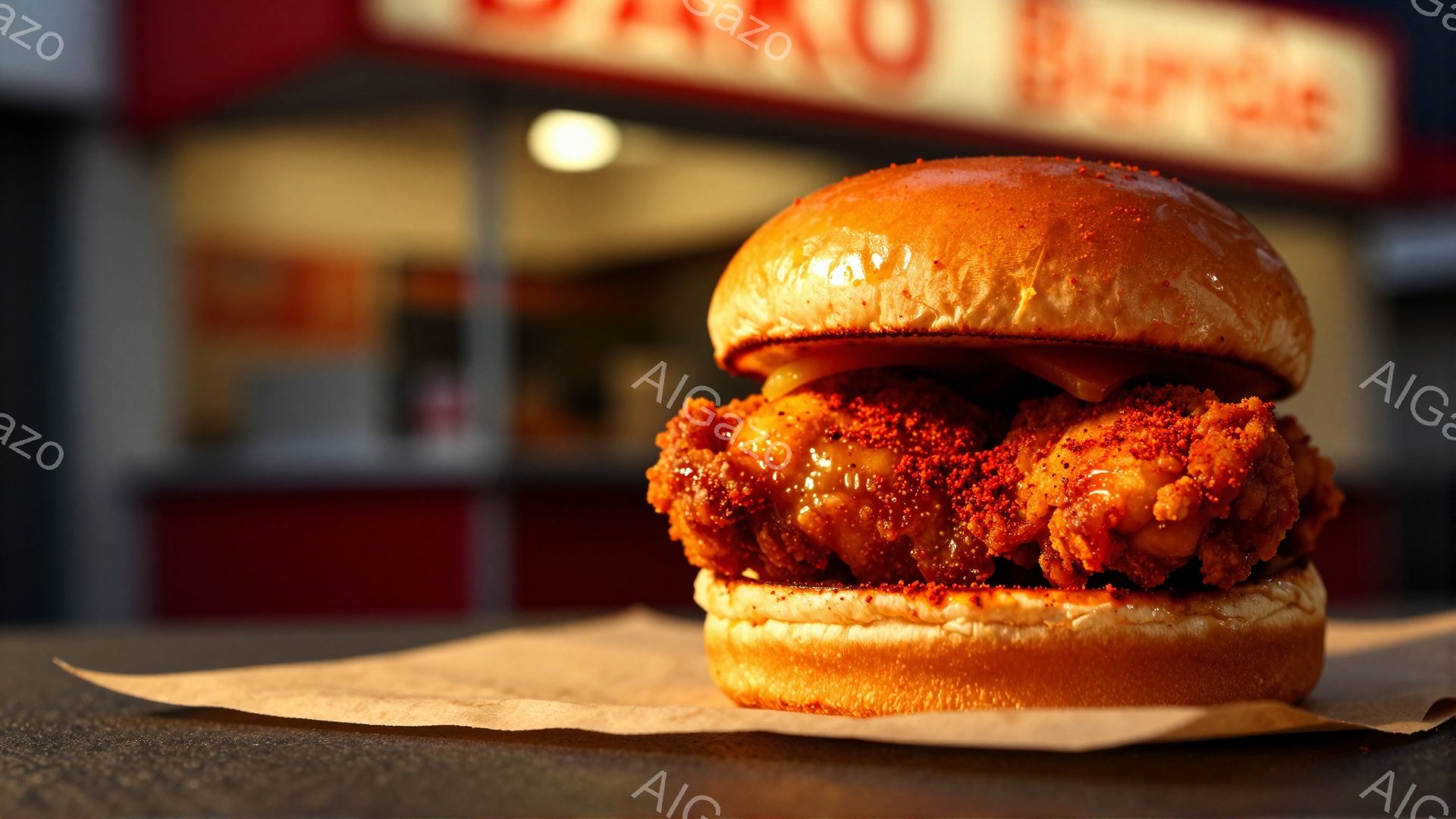 画像は、カリカリに見えるフライドチキンのサンドイッチが、茶色の紙の上に置かれている様子を捉えています。背景には、赤と白の看板がぼやけて写っており、おそらくレストランや屋台の一部でしょう。全体的に温かい光が当たり、食欲をそそる雰囲気です。
