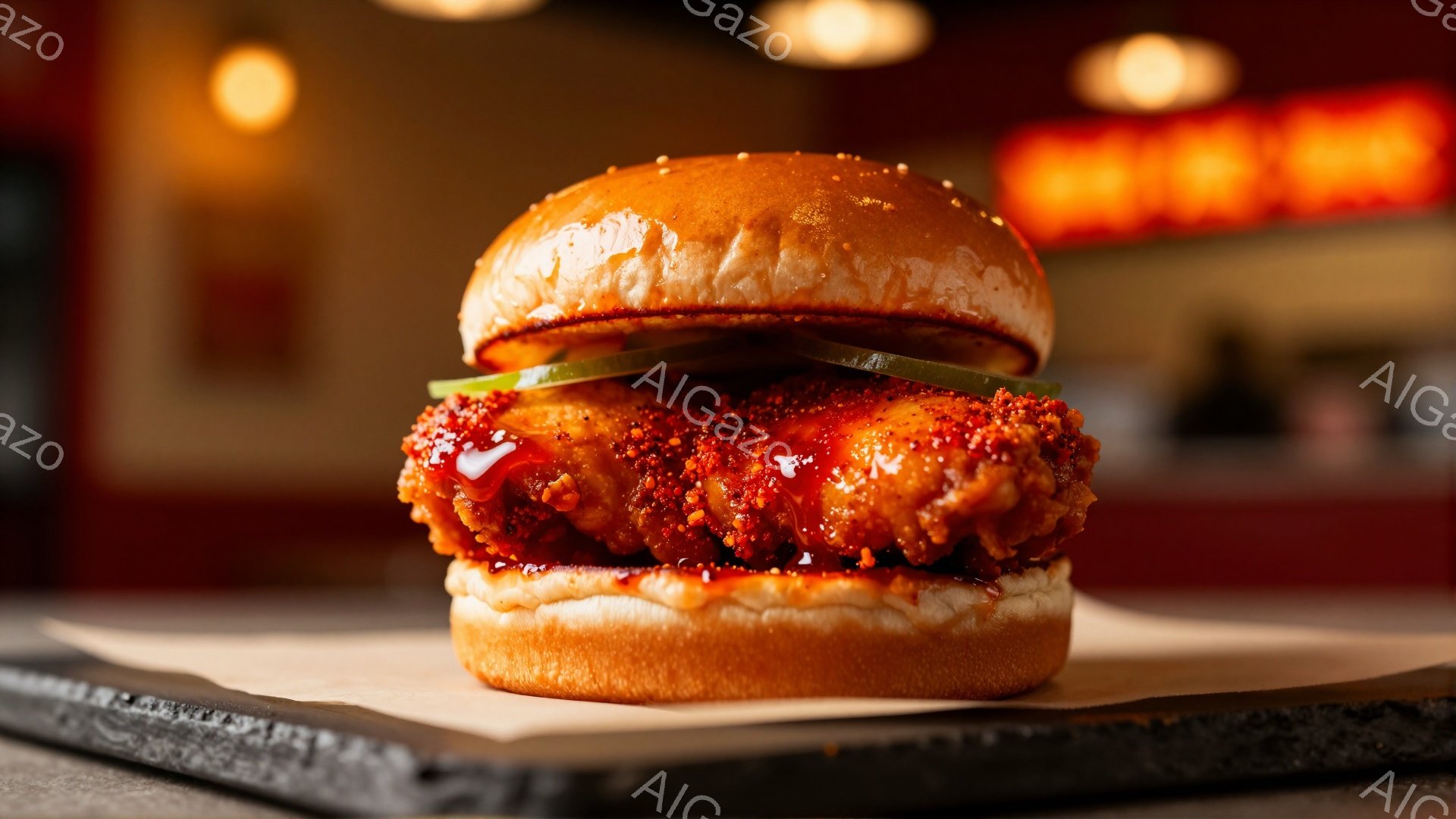 鮮やかなオレンジ色のバンズに挟まれたチキンサンドイッチが中央に配置されている。チキンは唐辛子のような赤いソースで覆われ、その上にピクルスが乗せられている。背景はぼやけており、オレンジ色の光が差し込み、暖かく食欲をそそる雰囲気を作り出している。