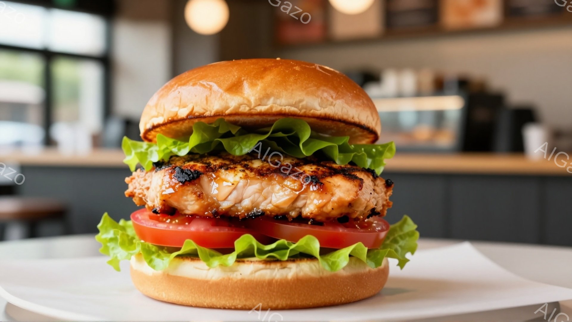 焼き目がついた鶏肉のパティ、スライスされたトマト、そして新鮮なレタスが挟まれたハンバーガーが、白い皿の上に置かれています。背景には、ぼやけたカフェの様子が見え、全体的に明るく食欲をそそる雰囲気です。ハ - AI生成フリー素材