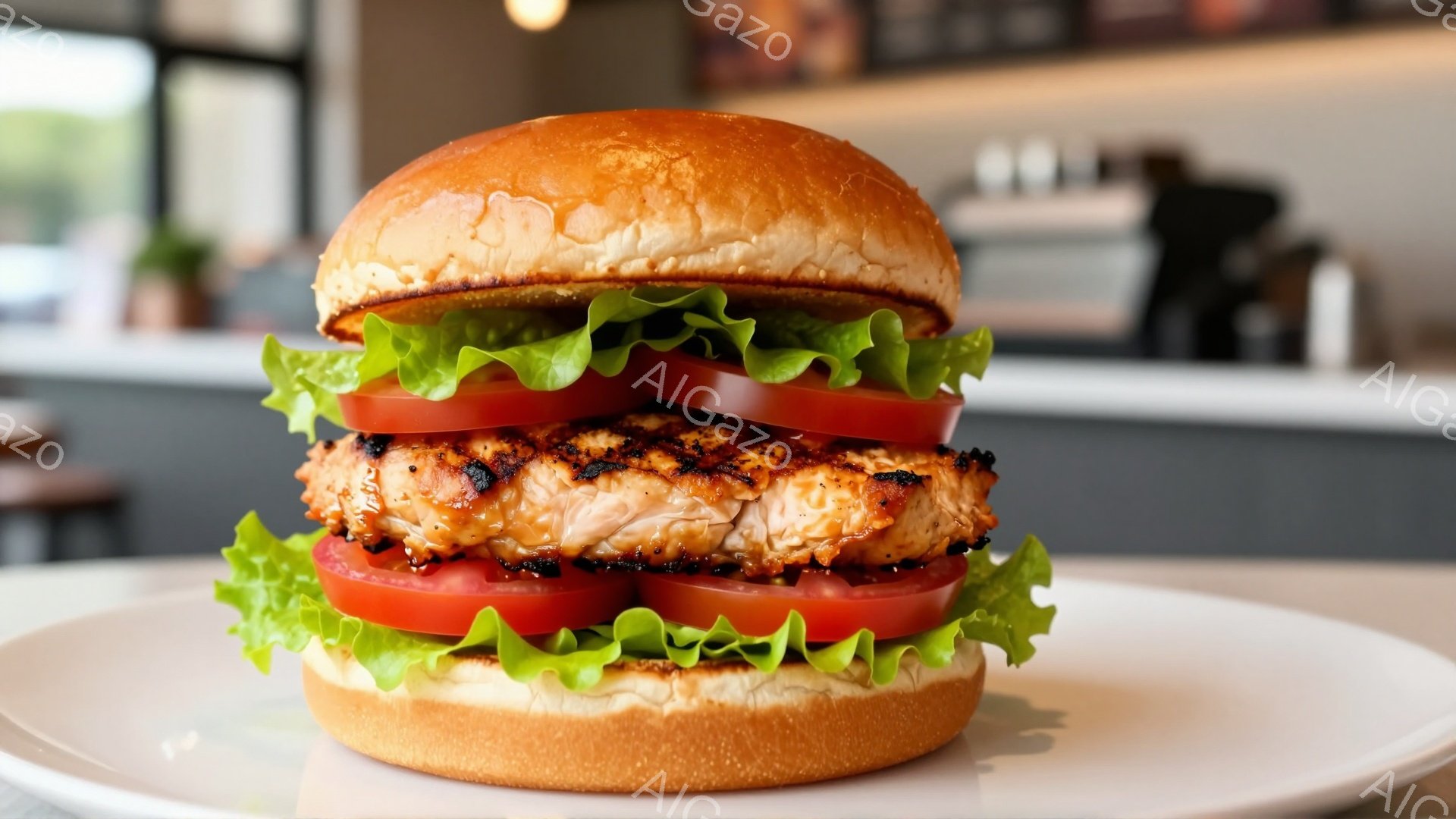 白い皿の上に、焼き目がついたチキンバーガーが積み重ねられています。レタスとトマトが挟まっており、パンは黄金色でふっくらとしています。背景には、ぼやけたカフェのカウンターや、自然光が入る窓が見え、明るく清潔な印象を与えます。