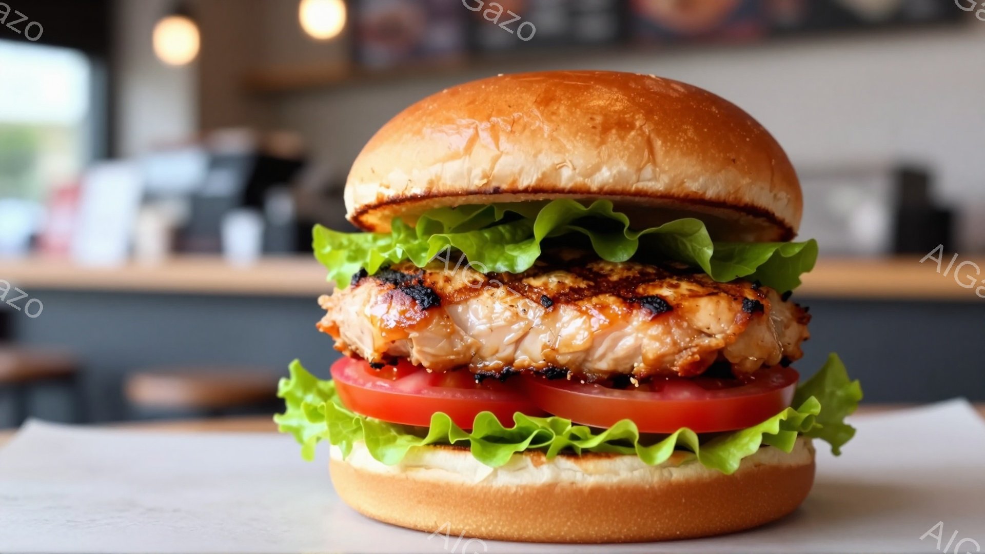 焼き目がついた鶏肉のパティ、トマト、レタスが挟まれたハンバーガーが、白い紙の上で中央に配置されています。ハンバーガーの背景には、ぼやけた飲食店らしき内装が見え、光沢のある木製のテーブルがわずかに見えます。 全体的に、おいしそうなハンバーガーを強調した、シンプルなフード写真です。