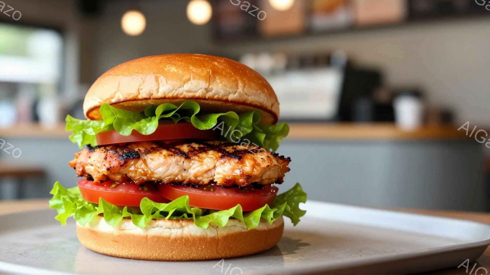 白い皿の上に、焼いた鶏肉とトマト、レタスを挟んだハンバーガーが乗っています。背景にはぼやけたカフェの様子が見え、カウンターや機器などがわずかに確認できます。全体的に明るく、食欲をそそる雰囲気です。
