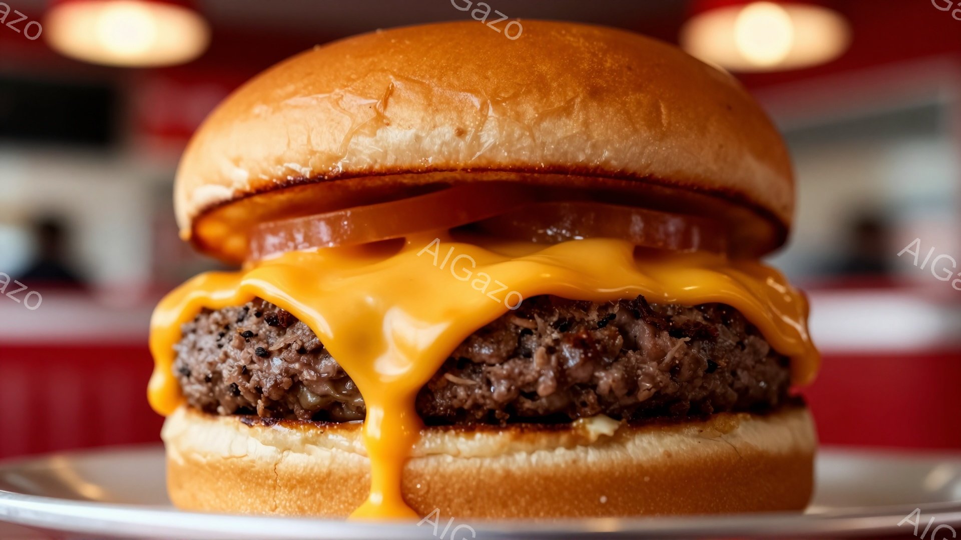 輝くオレンジ色のチーズソースがたっぷりとかかったハンバーガーが、白い皿の上に置かれています。バンズはふっくらと焼き色がつき、肉の質感とソースの溶け具合が食欲をそそります。背景は赤みがかったカウンターとぼやけた人物像で、アメリカンダイナーのような賑やかな雰囲気が漂っています。