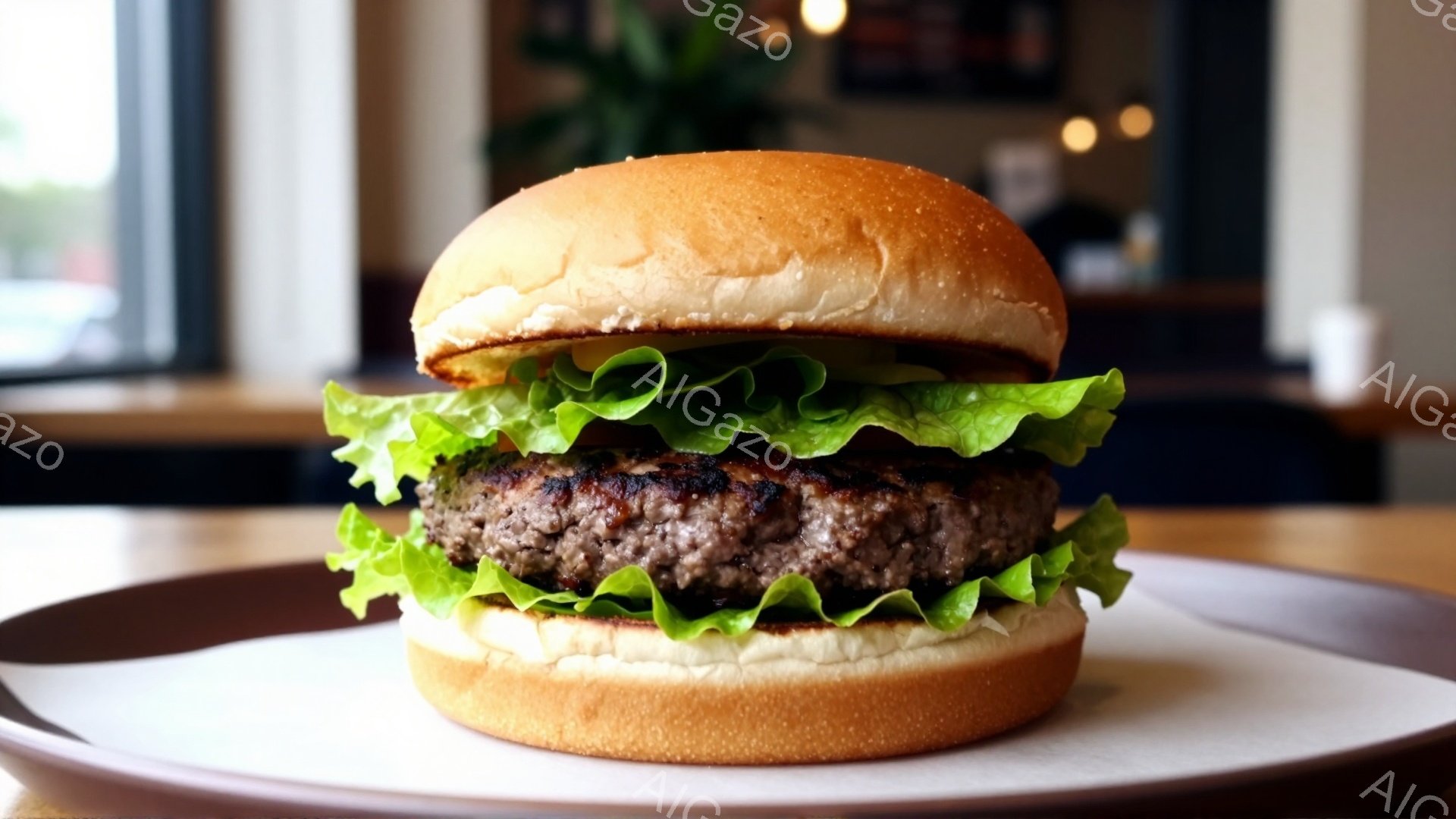 焼き立てのハンバーガーが、薄い茶色の皿の上に置かれています。ハンバーガーは、ふっくらとしたバンズ、肉厚なパティ、新鮮なレタスで構成され、シンプルながら食欲をそそる姿です。背景には、ぼやけた室内空間とテ - AI生成フリー素材