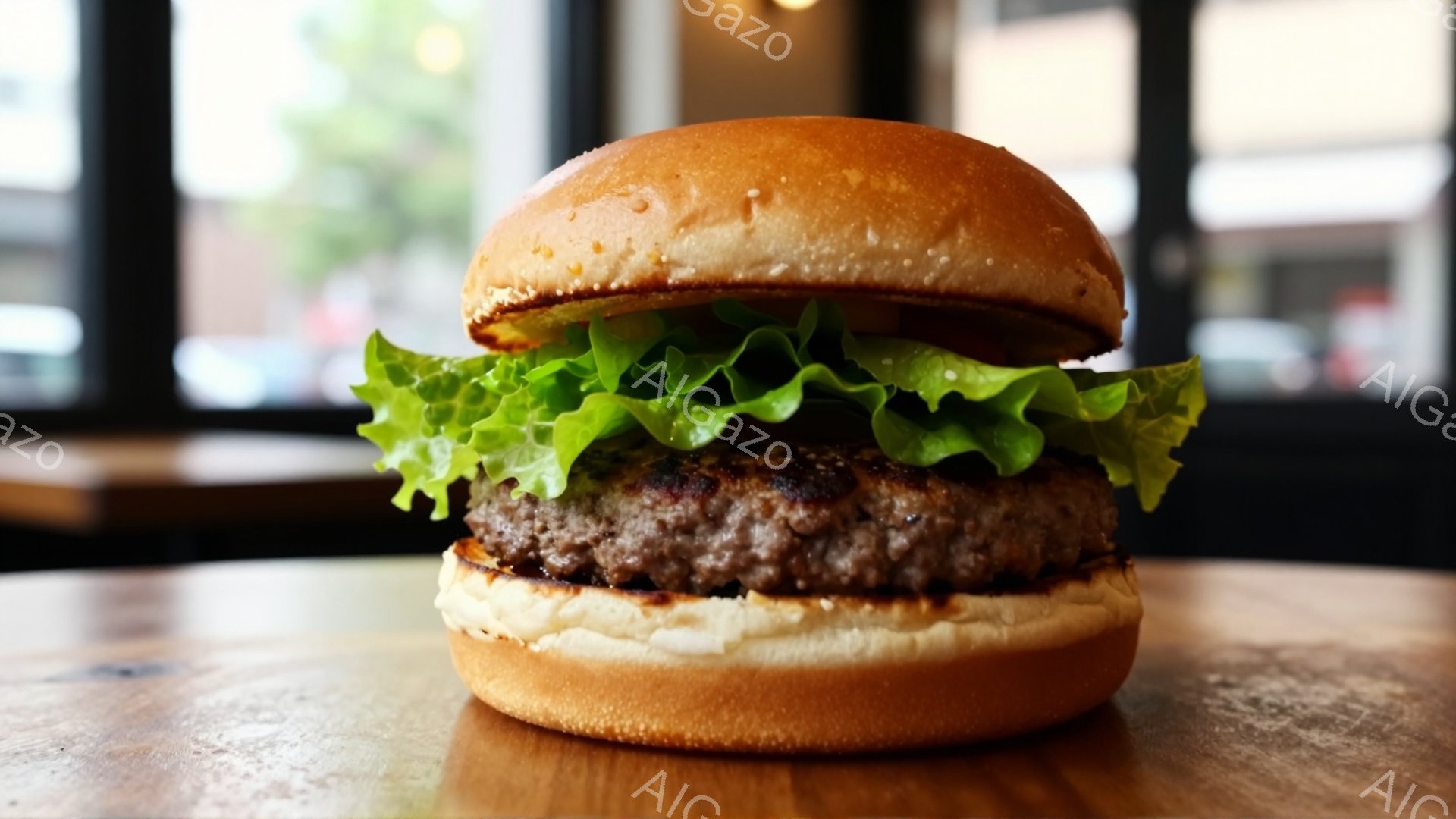 丸いバンズに挟まれたハンバーガーが、木製のテーブルの上に置かれている。レタスと肉のパティが鮮やかで、シンプルながら食欲をそそる構図だ。背景にはぼやけた窓と、それを通る光が見え、落ち着いたカフェのような - AI生成フリー素材