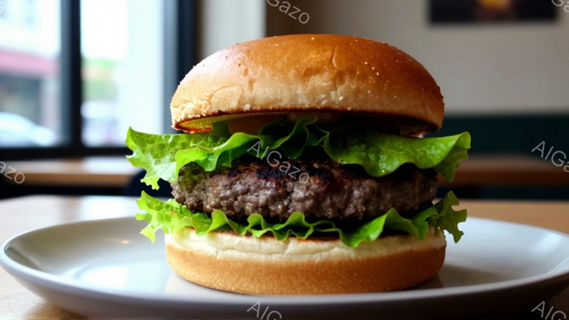 白い皿の上に、ハンバーガーが置かれています。バンズはふっくらと焼き色がつき、レタスと肉厚のパティが挟まっています。背景にはぼやけた窓と室内の一部が見え、シンプルなカフェのような雰囲気が漂っています。 - AI生成フリー素材