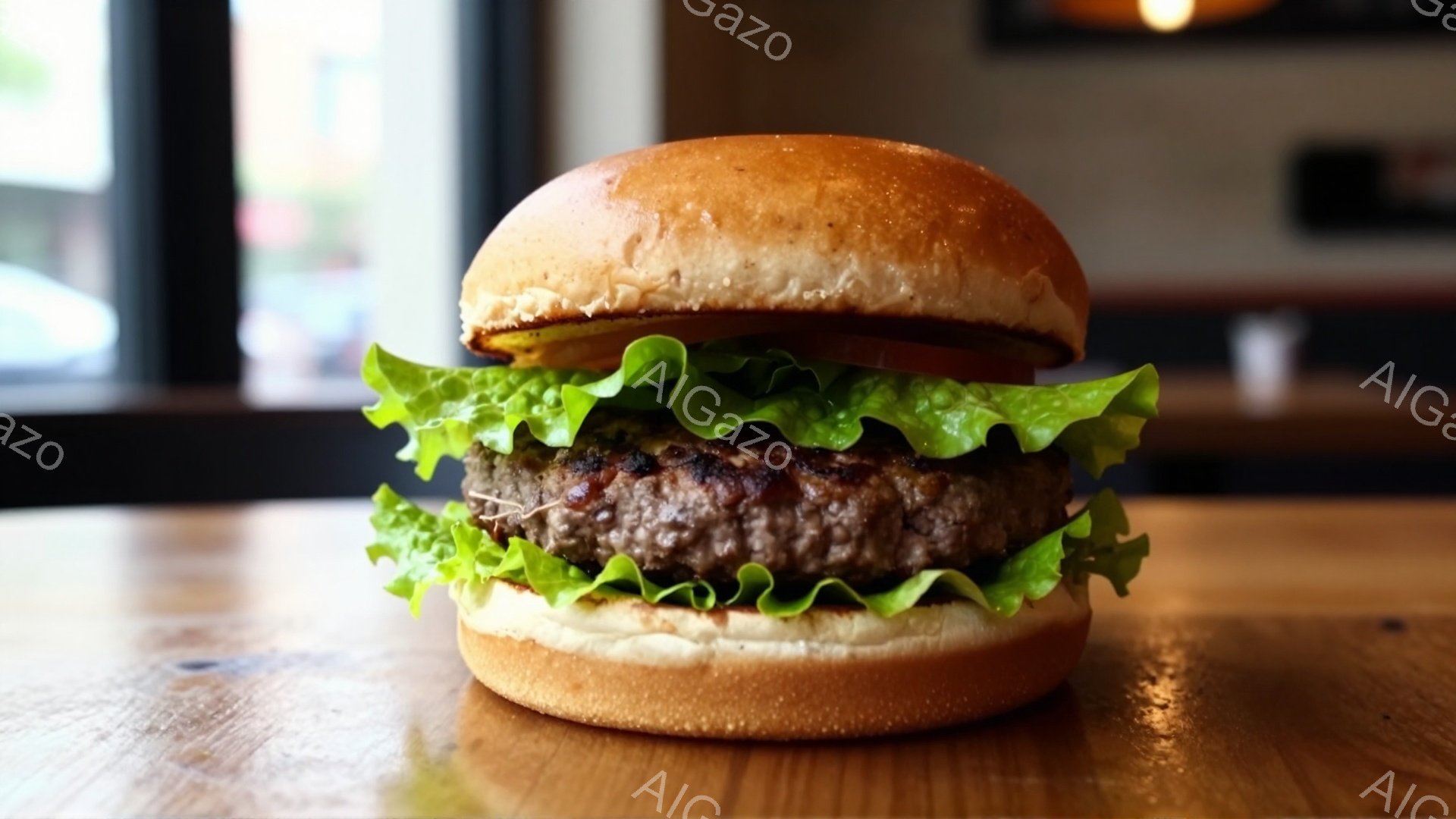 ハンバーガーが木製のテーブルの上に置かれています。バンズは軽く焦げ目がついており、肉厚のパティと新鮮なレタスが挟まっています。背景はぼやけており、窓からの自然光が差し込み、暖かく落ち着いた雰囲気です。 - AI生成フリー素材