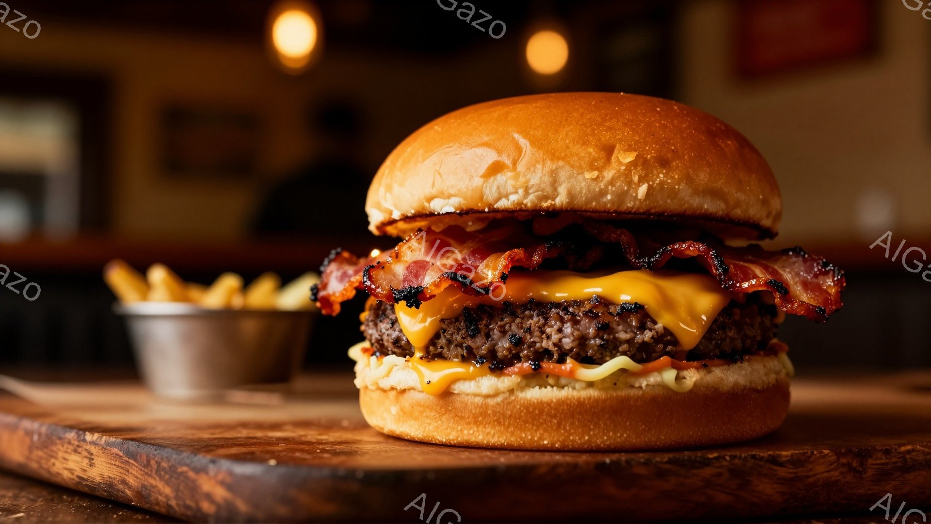 濃厚なチーズとカリカリに焼かれたベーコンが挟まれたハンバーガーが、木の板の上に堂々と鎮座しています。背景には、ぼやけた金属製の容器に入ったフライドポテトが見え、全体的に暖色系の照明が食欲をそそる雰囲気を醸し出しています。ハンバーガーのパンはふっくらとしており、具材がたっぷり詰まっている様子が伺えます。