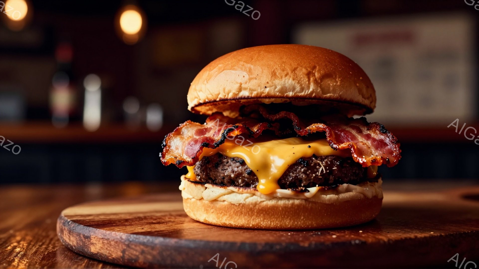 焼き立てのハンバーガーが木製のプレートに載っています。香ばしいベーコンととろけたチーズが層になり、パンはふっくらとしていて、美味しさを強調しています。背景はぼかされており、温かみのある光がハンバーガーを照らし、食欲をそそる雰囲気を醸し出しています。