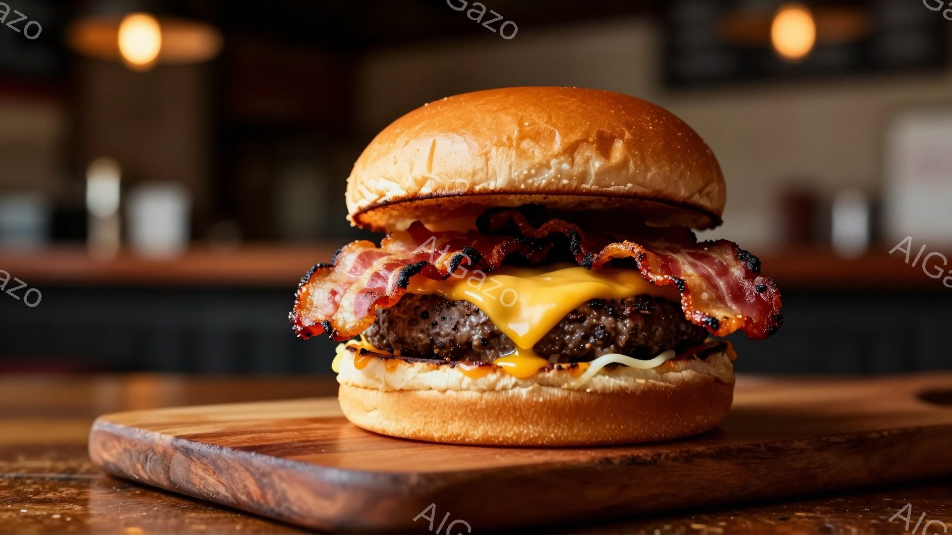 焼けたパンに挟まれたハンバーガーが木製の板の上に置かれている。溶けたチーズ、パティ、ベーコンが層状になっており、美味しさを強調している。背景はぼかされており、バーのような雰囲気で、暖色系の光が食欲をそそる。