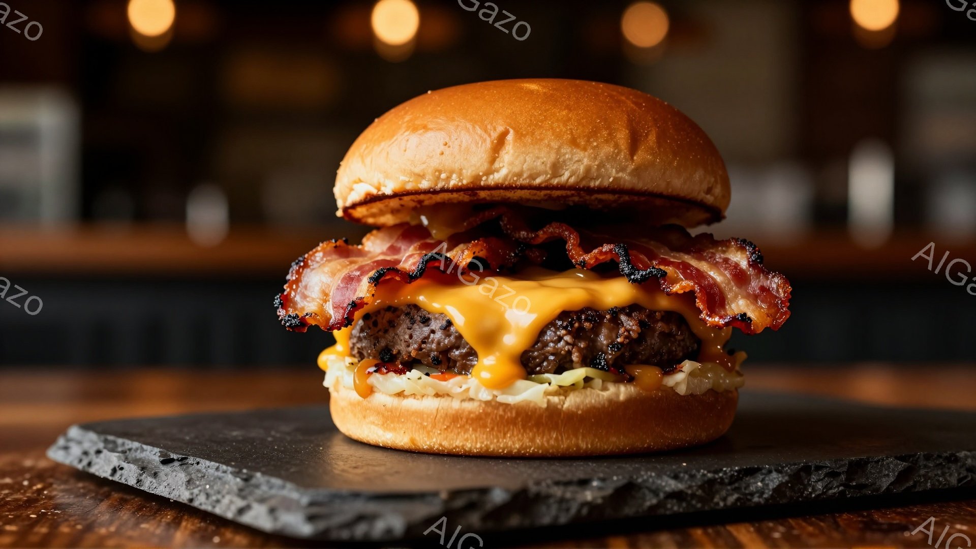 焼き立てのハンバーガーが、黒いスレートのプレートに乗せられています。バンズは黄金色で、とろけるチーズ、肉厚のパティ、カリカリに焼けたベーコン、そしてシャキシャキとしたレタスが層になって積み重ねられています。背景はぼかされており、暖色系の照明がハンバーガーを照らし出し、食欲をそそる雰囲気を醸し出しています。