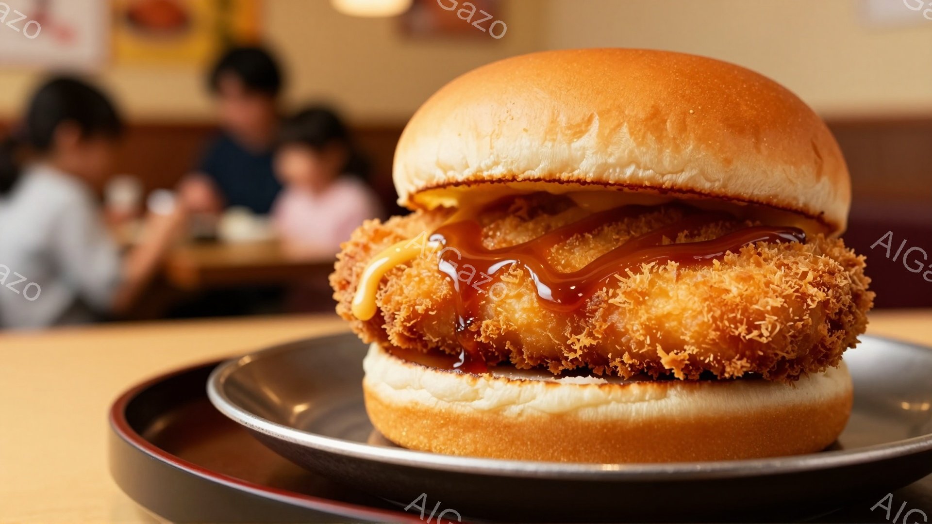 黄金色に揚げられたカツが挟まれたハンバーガーが、茶色い皿の上に置かれている。背景には、ぼやけた人物たちが写っており、おそらくレストランのような場所で食事をしているようだ。全体的に暖かく、食欲をそそる雰囲気である。