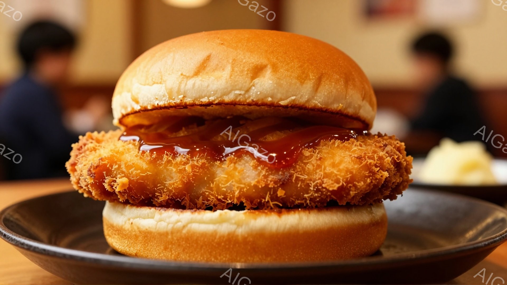 揚げたカツが挟まれたハンバーガーが、茶色の皿の上にどんと置かれている。カツには甘辛いソースがたっぷりとかかっており、パンはふっくらとして焼き色が薄い。背景にはぼやけた人物と、木目調のテーブル、そして薄暗い照明が見え、全体的に温かみのある食事の雰囲気が漂っている。
