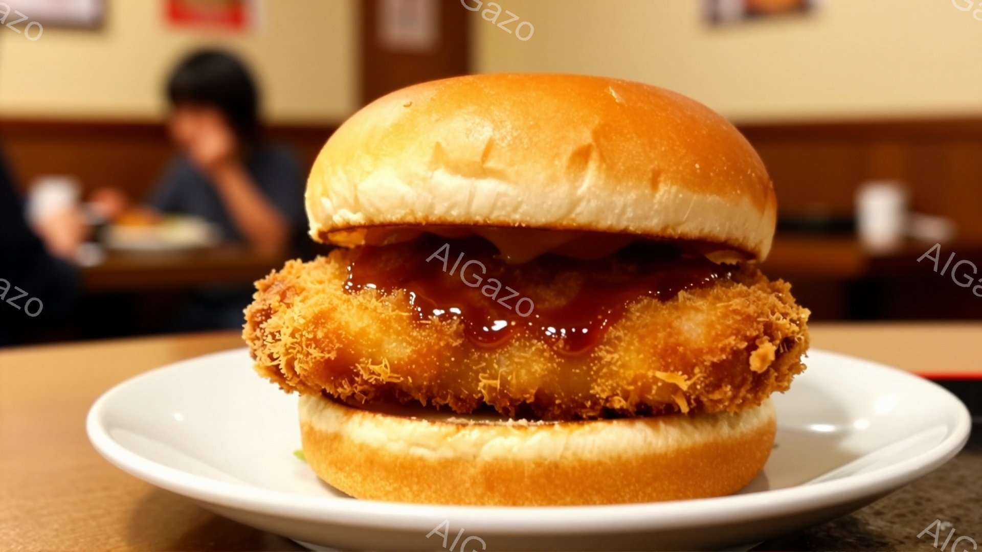 白い皿の上に、ソースがかかった大きなチキンカツサンドイッチが置かれています。パンはふっくらとしており、カツは黄金色に揚げられていて、食欲をそそります。背景には、ぼやけた人物とテーブルが見え、レストランのような雰囲気が漂っています。
