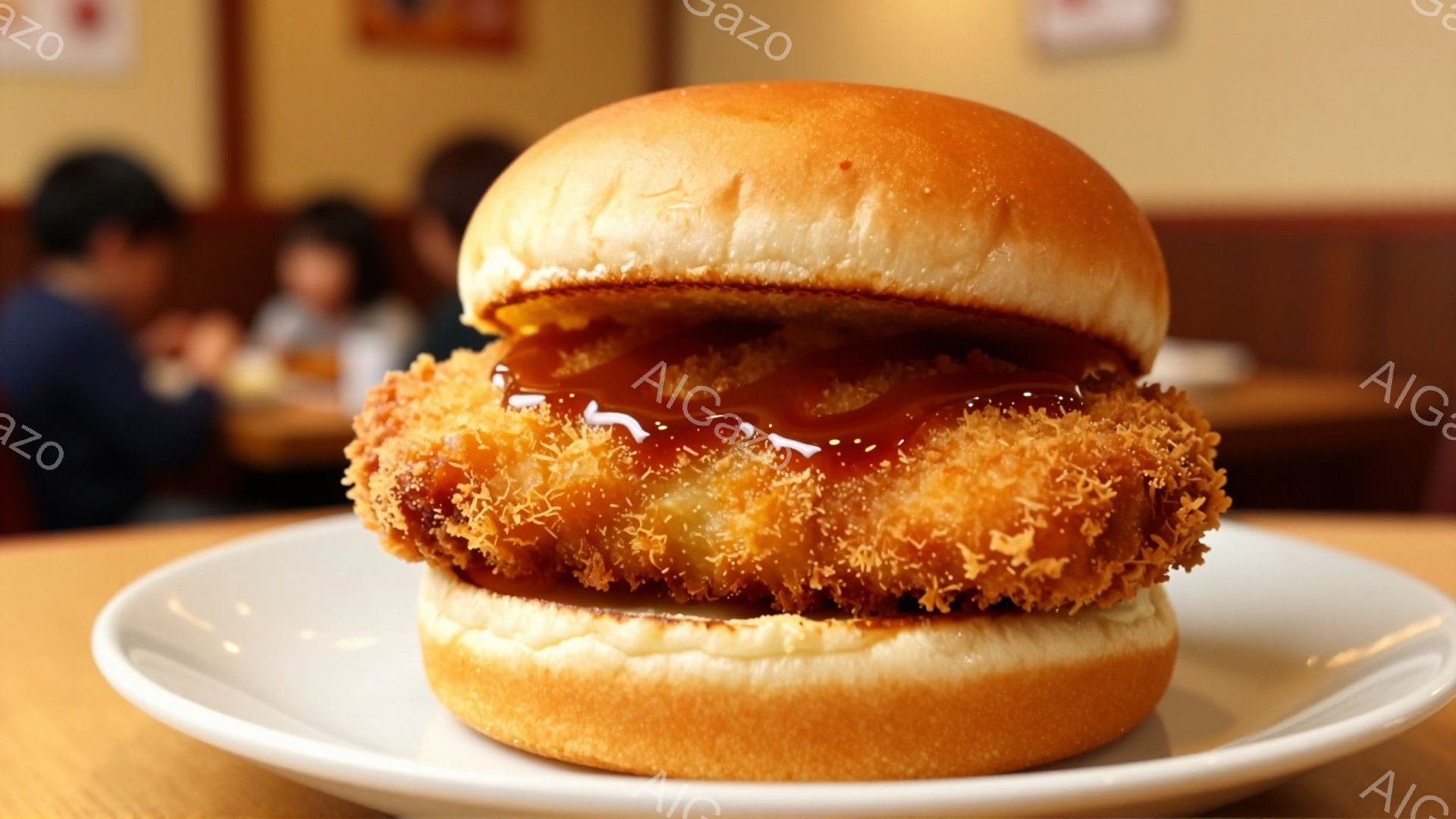 白い皿の上に、ソースがかかった大きなチキンカツバーガーが置かれています。カツは黄金色でカリカリしており、パンはふっくらとしています。背景にはぼやけた人影が見え、レストランのような温かい雰囲気が感じられます。