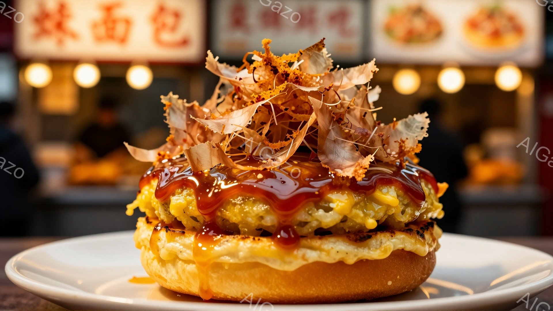 白い皿に盛られた、ソースと鰹節がたっぷりと乗った、見事な太巻き寿司のような食べ物が中央に配置されている。鮮やかな赤色のソースが全体を覆い、ふわふわの卵と巻物の内部の具材がほのかに見える。背景にはぼやけた照明と日本語の看板が見え、屋台のような賑やかな雰囲気を感じさせる。