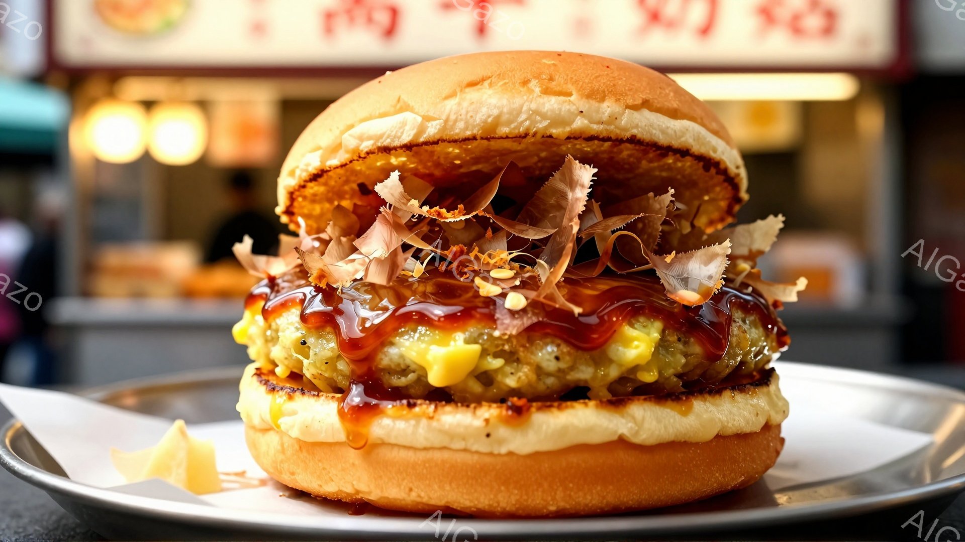 焼き色が薄いバンズで挟まれたハンバーガーが皿の上にあります。ハンバーグの上には、とろりとしたソースと、鰹節がたっぷりとかかっています。背景には、ぼやけた店舗が見え、温かい照明が食欲をそそる雰囲気を醸し出しています。